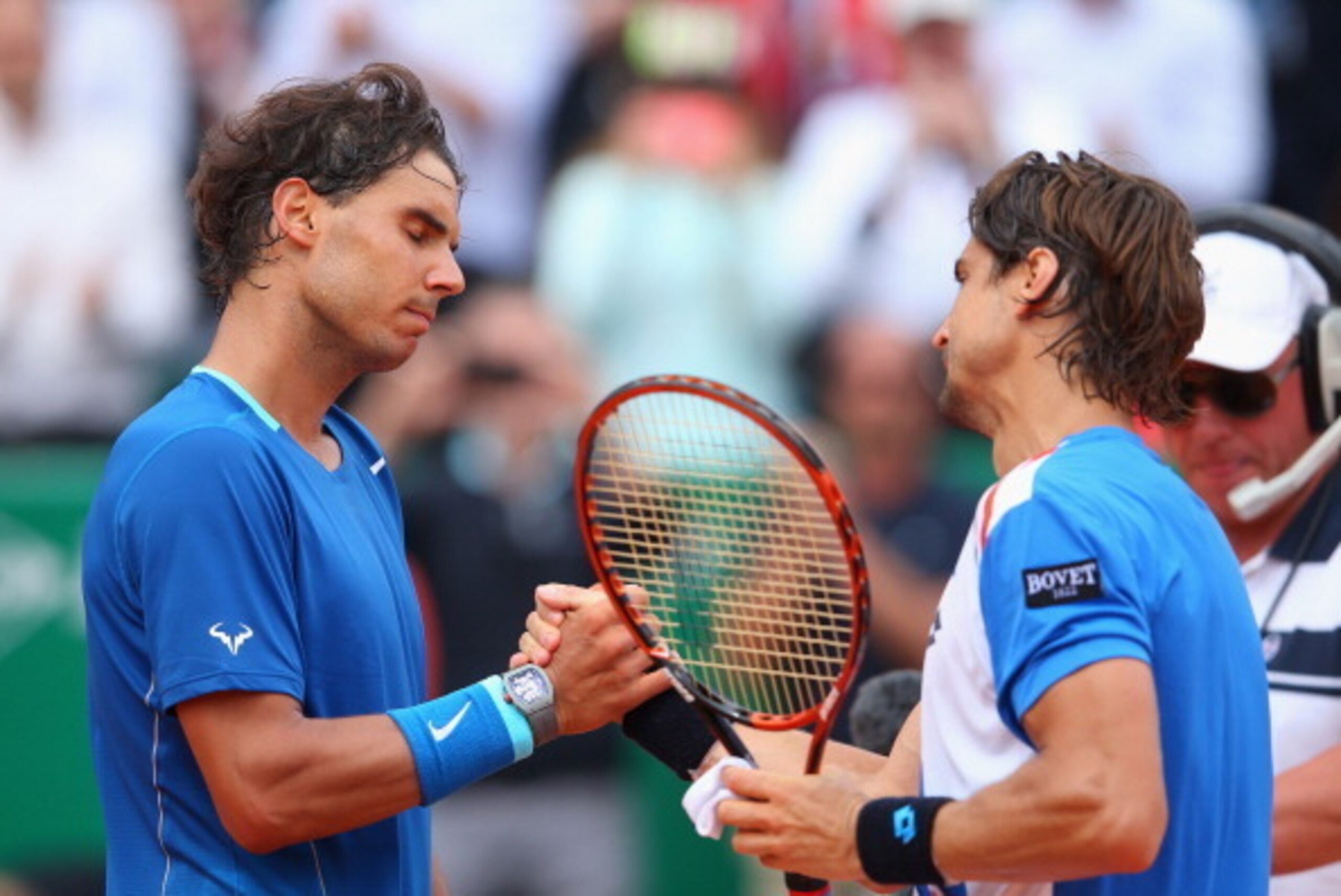 MONTE-CARLO, MONACO - APRIL 18:  David Ferrer of Spain is congratulated by Rafael Nadal of Spain after Ferrer won in staight sets during day six of the ATP Monte Carlo Rolex Masters Tennis at Monte-Carlo Sporting Club on April 18, 2014 in Monte-Carlo, Mon