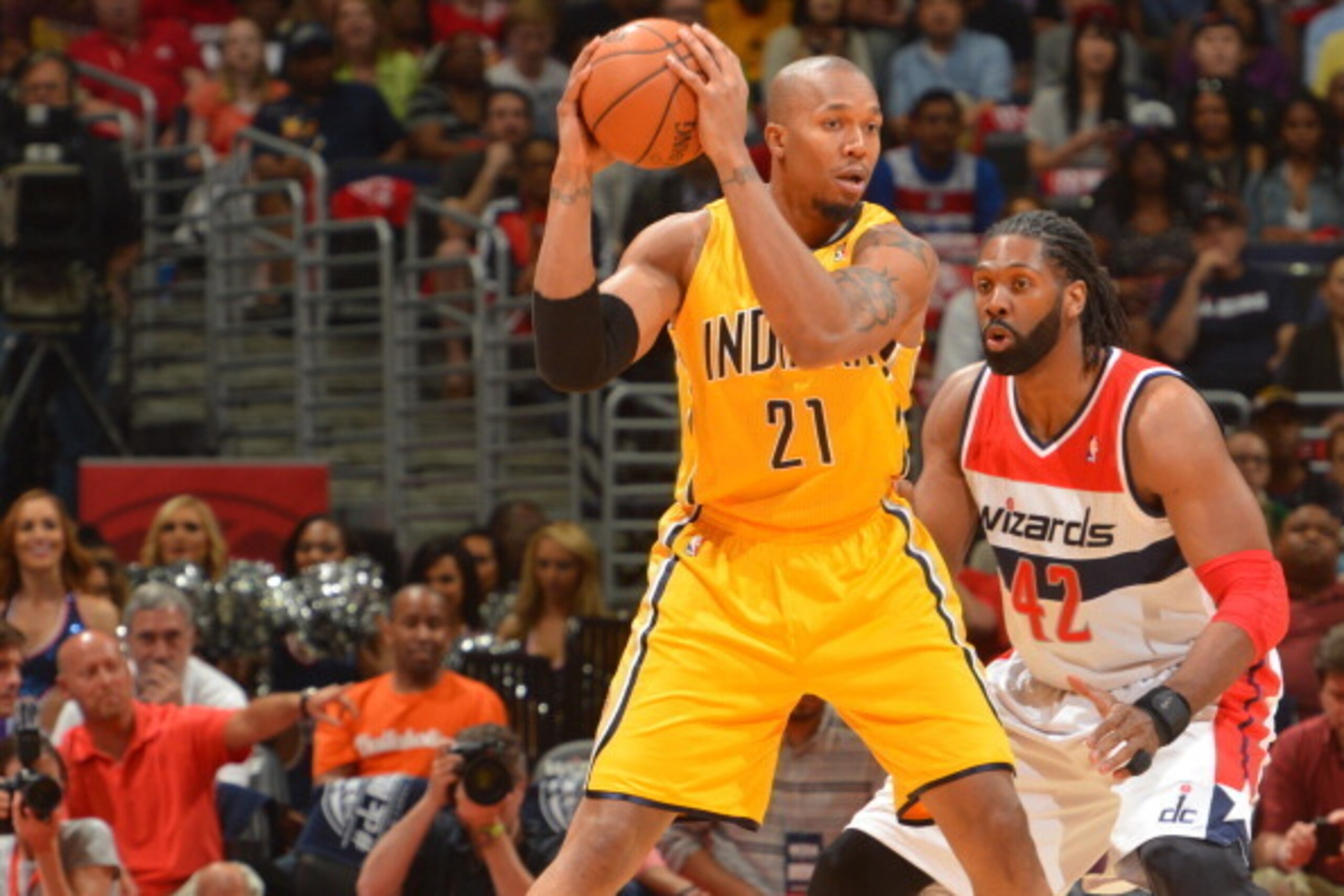 OKLAHOMA CITY, OK - MAY 11: David West #21 of the Indiana Pacers looks to pass the ball against the Washington Wizards during Game Four of the Western Conference Semifinals on May 11, 2014 at the Verizon Center, in Washington DC. NOTE TO USER: User expres OKLAHOMA CITY, OK - MAY 11: David West #21 of the Indiana Pacers looks to pass the ball against the Washington Wizards during Game Four of the Western Conference Semifinals on May 11, 2014 at the Verizon Center, in Washington DC. NOTE TO USER: User expres