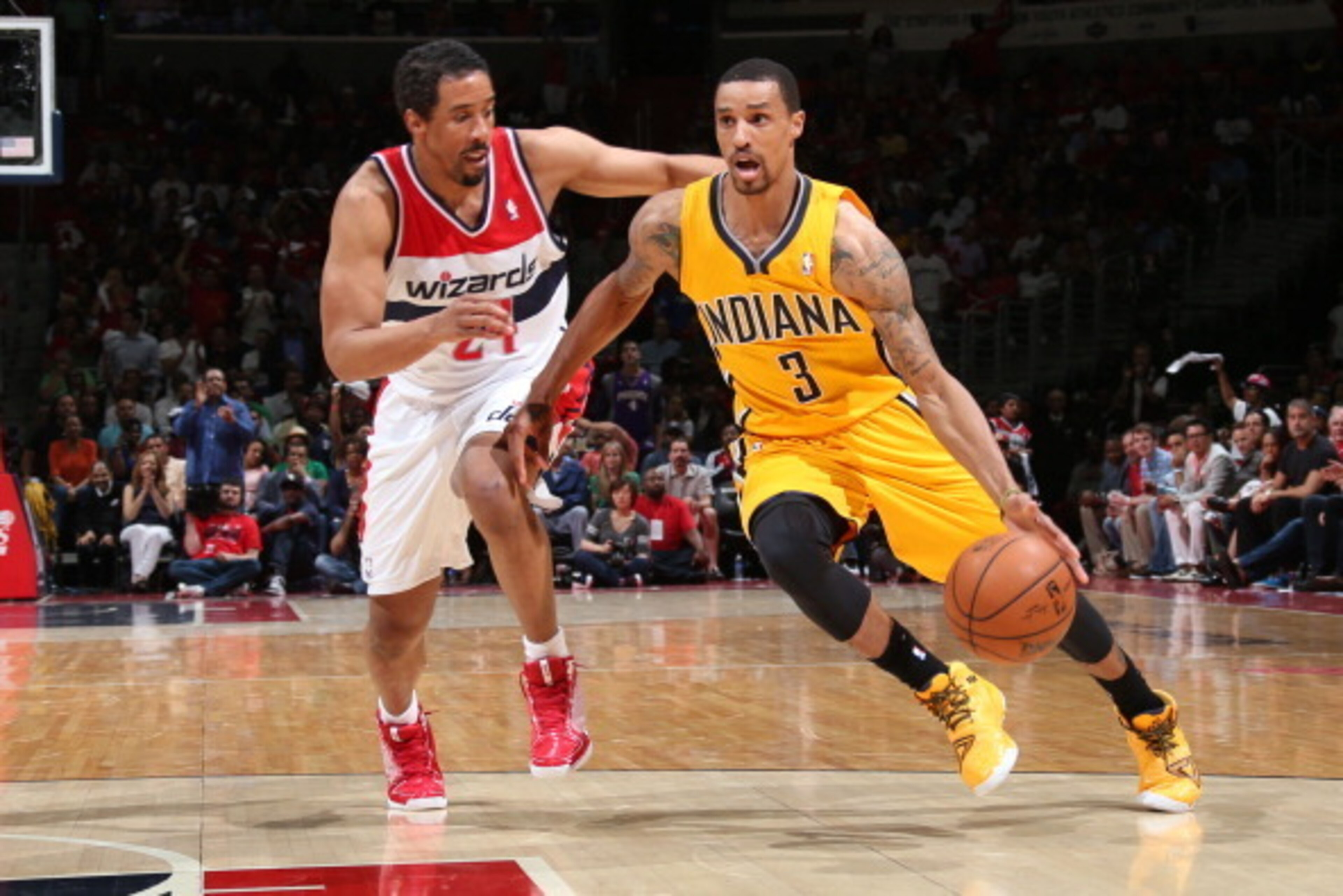 WASHINGTON, DC - MAY 11: George Hill #3 of the Indiana Pacers handles the ball against the Washington Wizards in Game Four of the Eastern Conference Semifinals at Verizon Center on May 11, 2014 in Washington, DC. NOTE TO USER: User expressly acknowledges WASHINGTON, DC - MAY 11: George Hill #3 of the Indiana Pacers handles the ball against the Washington Wizards in Game Four of the Eastern Conference Semifinals at Verizon Center on May 11, 2014 in Washington, DC. NOTE TO USER: User expressly acknowledges