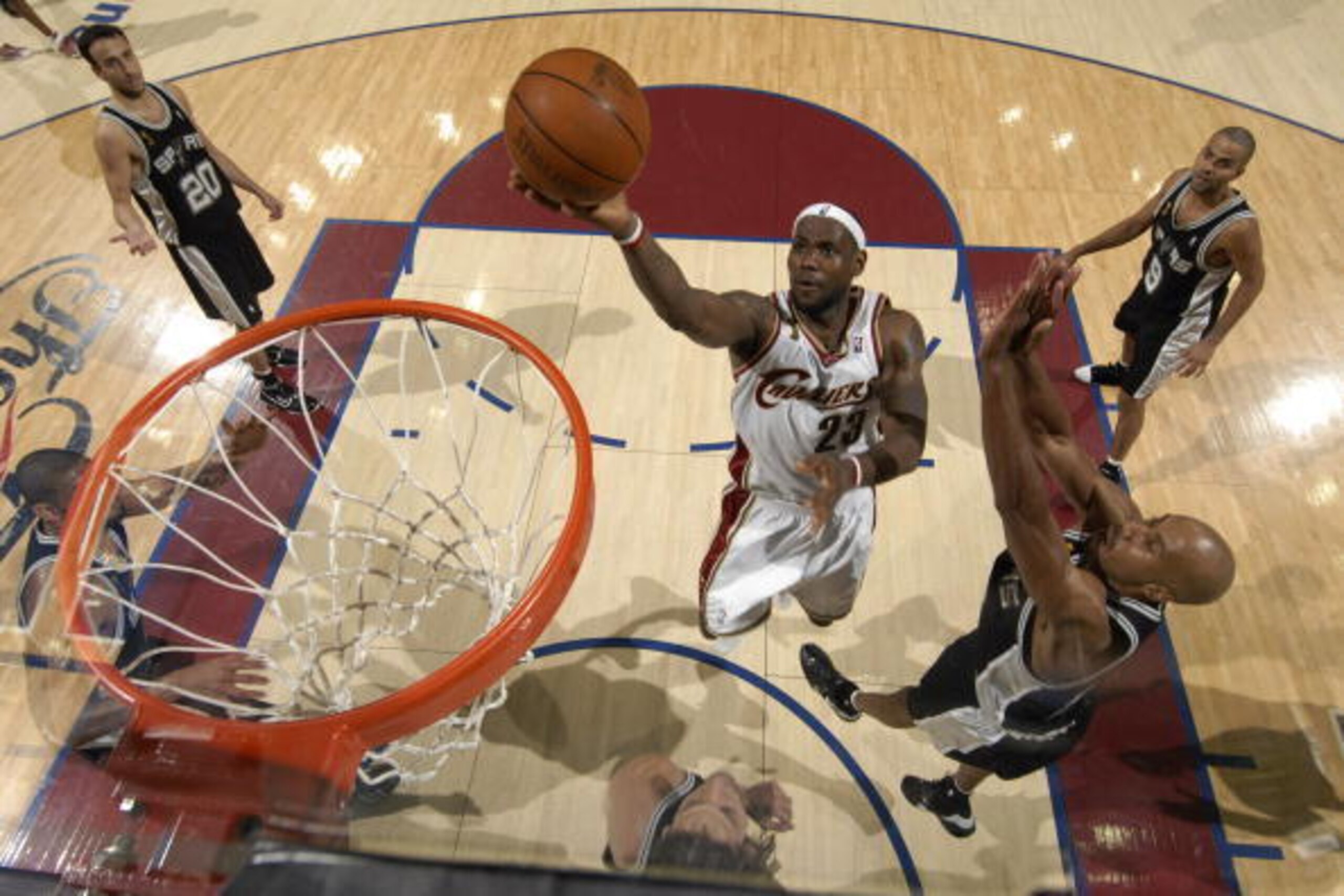CLEVELAND - JUNE 14:  LeBron James #23 of the Cleveland Cavaliers shoots against Bruce Bowen #12 of the San Antonio Spurs in Game Four of the 2007 NBA Finals at The Quicken Loans Arena on June 14, 2007 in Cleveland, Ohio. NOTE TO USER: User expressly ackn