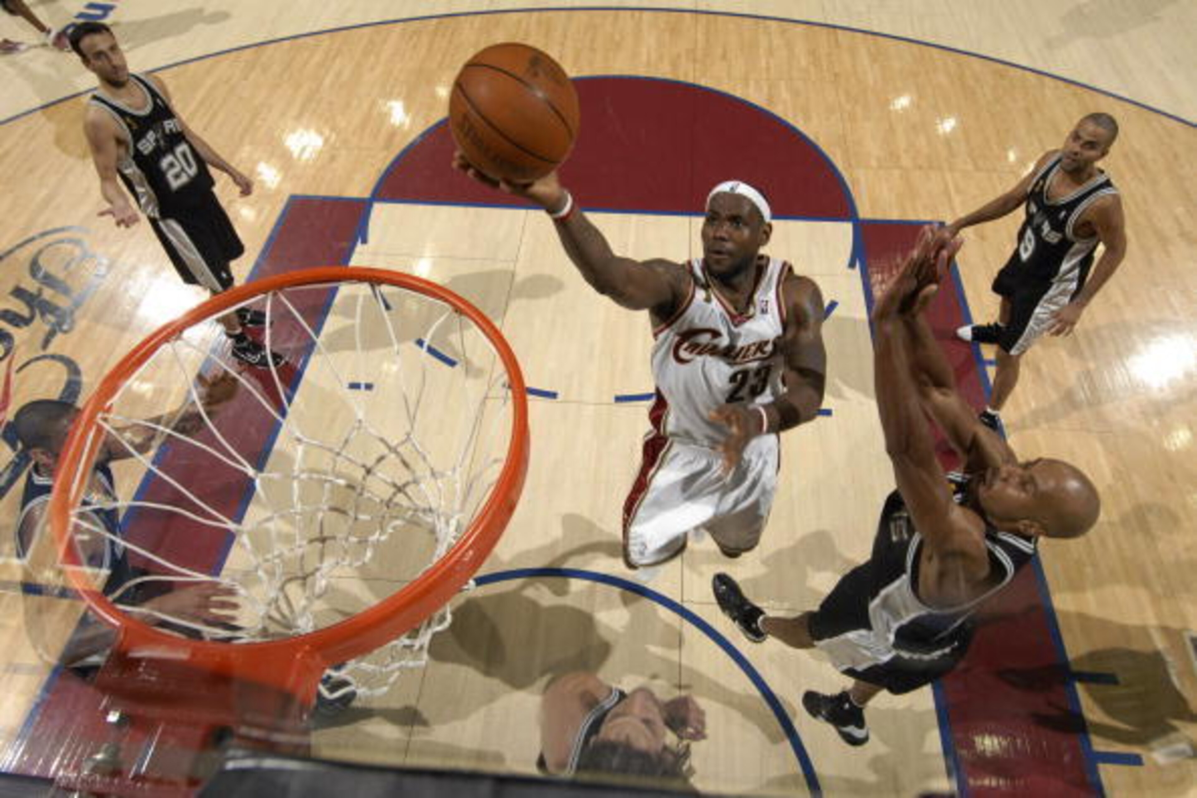 CLEVELAND - JUNE 14:  LeBron James #23 of the Cleveland Cavaliers shoots against Bruce Bowen #12 of the San Antonio Spurs in Game Four of the 2007 NBA Finals at The Quicken Loans Arena on June 14, 2007 in Cleveland, Ohio. NOTE TO USER: User expressly ackn