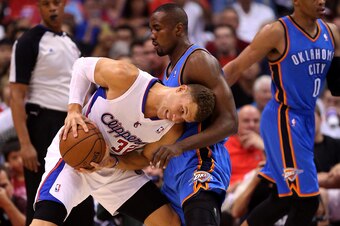 LOS ANGELES, CA - MAY 11:  Blake Griffin #32 of the Los Angeles Clippers battles Serge Ibaka #9 of the Oklahoma City Thunder in Game Four of the Western Conference Semifinals during the 2014 NBA Playoffs at Staples Center on May 11, 2014 in Los Angeles, C