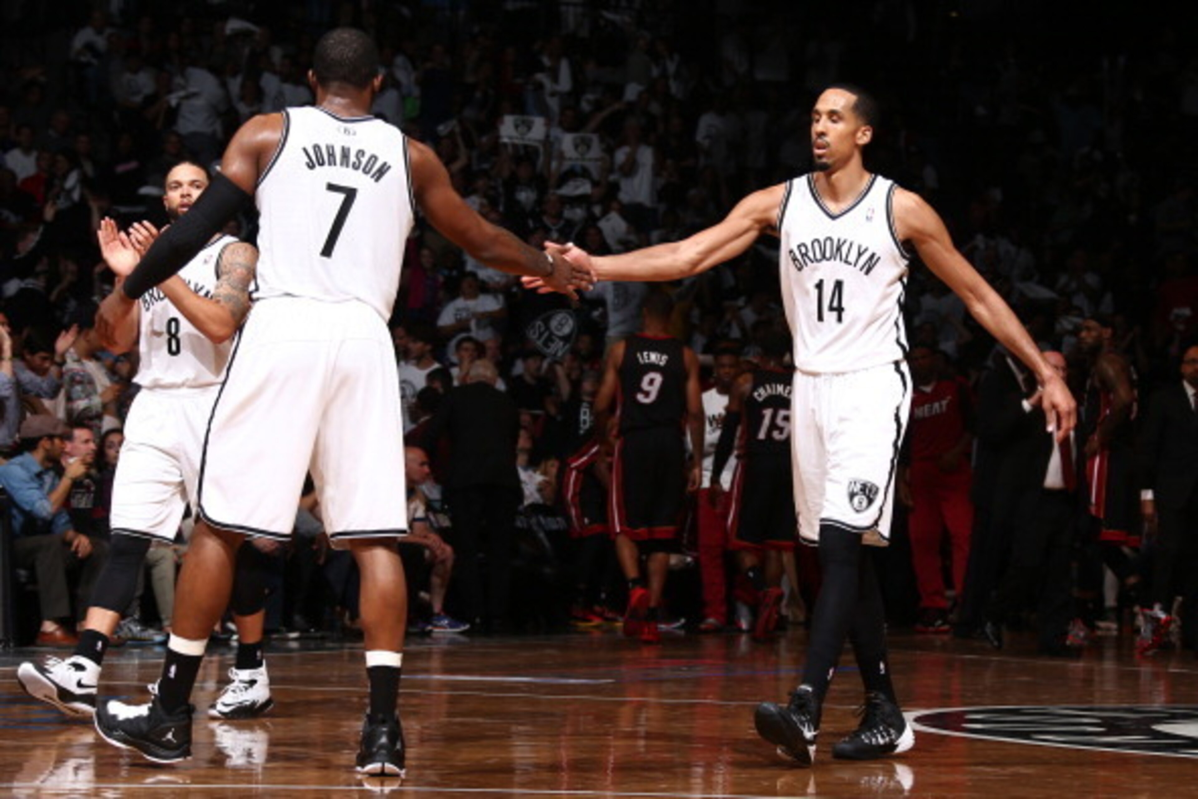 BROOKLYN, NY - MAY 10: Shaun Livingston #14 and Joe Johnson #7 of the Brooklyn Nets slap hands during a game against the Miami Heat during Game Three of the Eastern Conference Semifinals on May 10, 2014 at Barclays Center in Brooklyn. NOTE TO USER: User e BROOKLYN, NY - MAY 10: Shaun Livingston #14 and Joe Johnson #7 of the Brooklyn Nets slap hands during a game against the Miami Heat during Game Three of the Eastern Conference Semifinals on May 10, 2014 at Barclays Center in Brooklyn. NOTE TO USER: User e