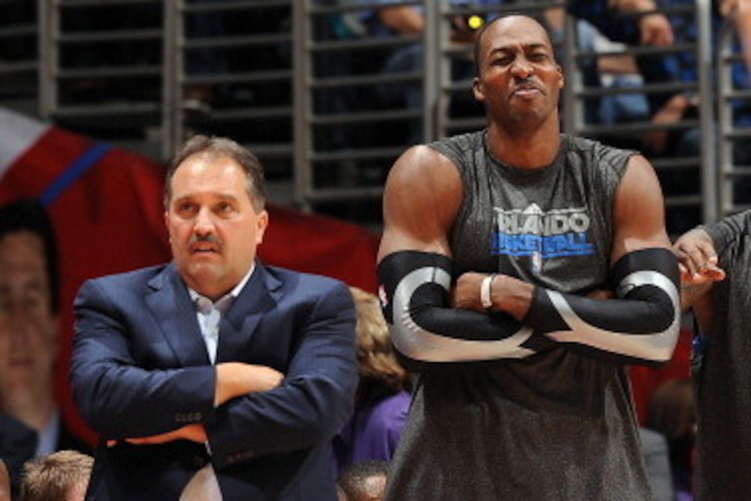 LOS ANGELES, CA - DECEMBER 12:  Head Coach Stan Van Gundy and Dwight Howard #12  of the Orlando Magic react on the sideline before a game against the Los Angeles Clippers on December 12, 2010 at Staples Center in Los Angeles, California. NOTE TO USER: Use