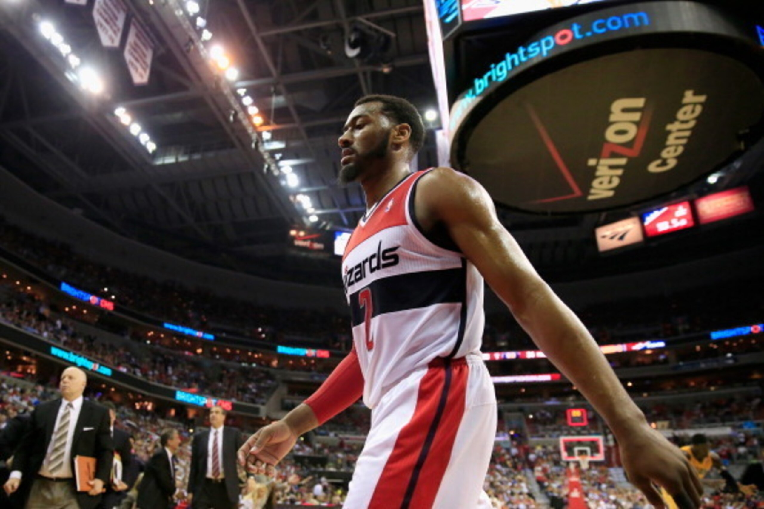 WASHINGTON, DC - MAY 09: John Wall #2 of the Washington Wizards walks off the court during halftime against the Indiana Pacers during Game 3 of the Eastern Conference Semifinals during the 2014 NBA Playoffs at Verizon Center on May 9, 2014 in Washington, 