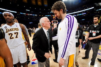LOS ANGELES, CA - APRIL 28: Head Coach Gregg Popovich of the San Antonio Spurs greets Pau Gasol #16 of the Los Angeles Lakers following Game Four of the Western Conference Quarterfinals at Staples Center during the 2013 NBA Playoffs on April 28, 2013 in L
