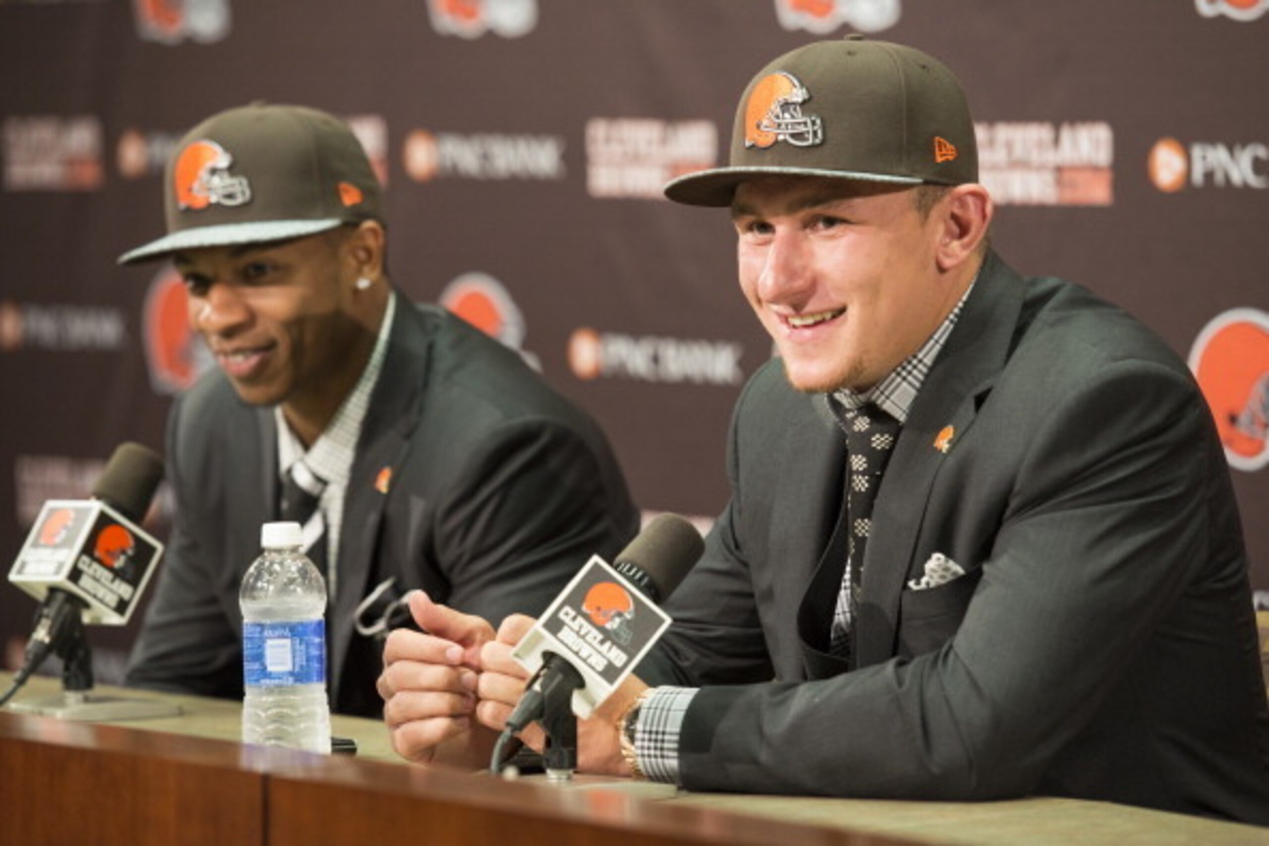BEREA, OH - MAY 9: Cleveland Browns draft picks Justin Gilbert (L) and Johnny Manziel (R) answer questions during a press conference at the Browns training facility on May 9, 2014 in Cleveland, Ohio. Gilbert and Manziel were selected 8th and 22nd, respect