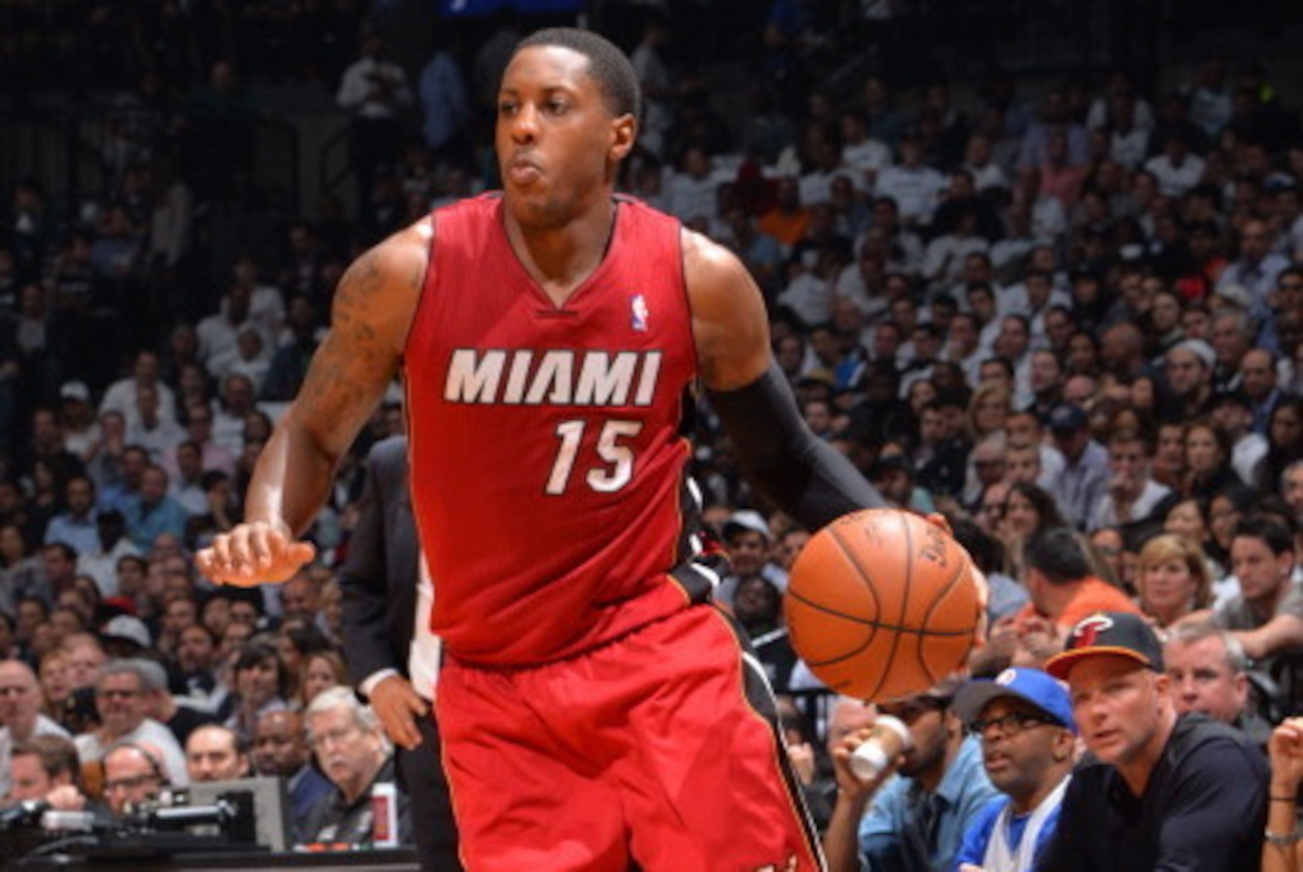 BROOKLYN, NY - MAY 12: Mario Chalmers #15 of the Miami Heat handles the ball against the Brooklyn Nets in Game Four of the Eastern Conference Semifinals on May 12, 2014 at Barclays Center in Brooklyn. NOTE TO USER: User expressly acknowledges and agrees t