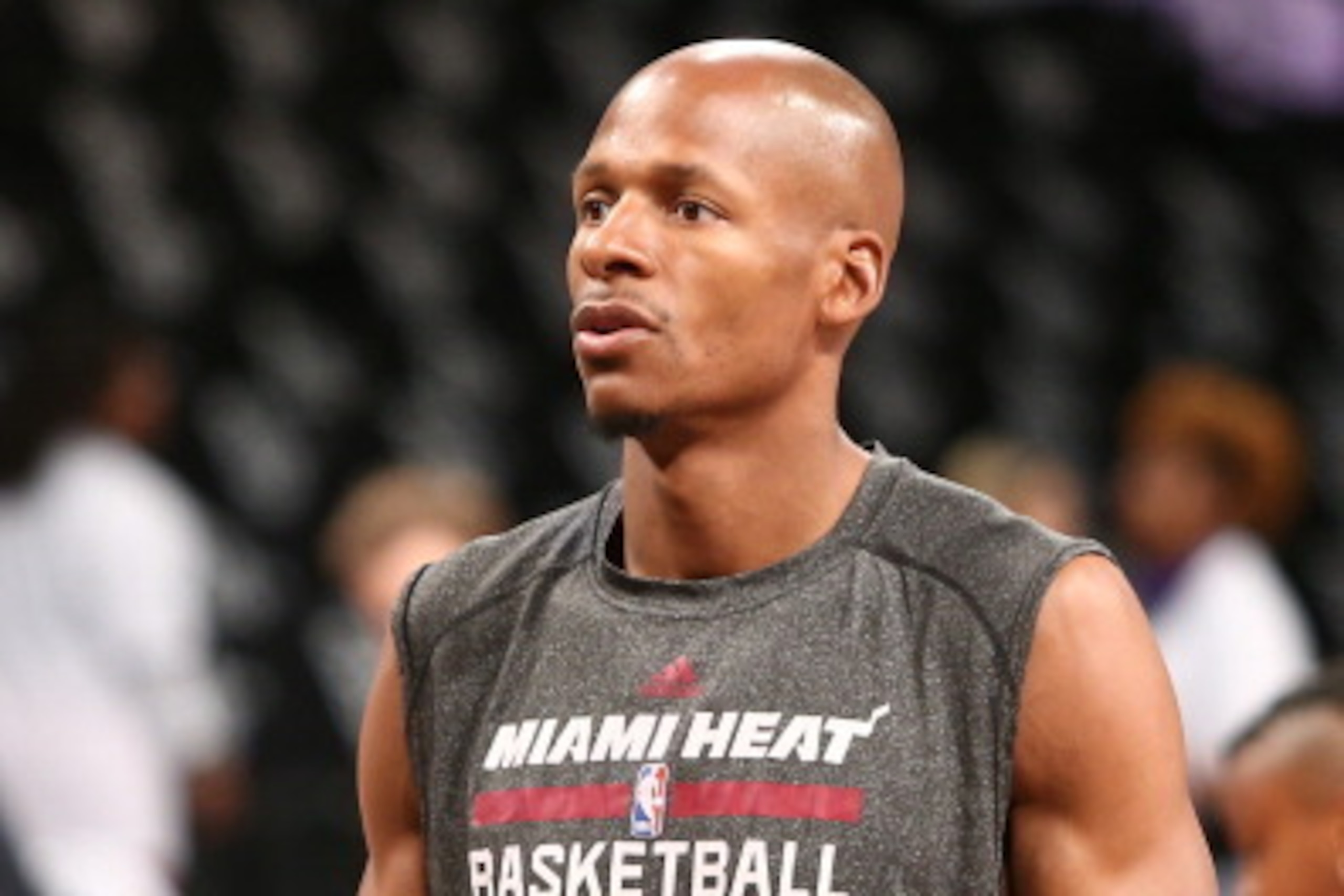 BROOKLYN, NY - MAY 10: Ray Allen #34 of the Miami Heat warms up before a game against the Brooklyn Nets during Game Three of the Eastern Conference Semifinals on May 10, 2014 at Barclays Center in Brooklyn. NOTE TO USER: User expressly acknowledges and ag
