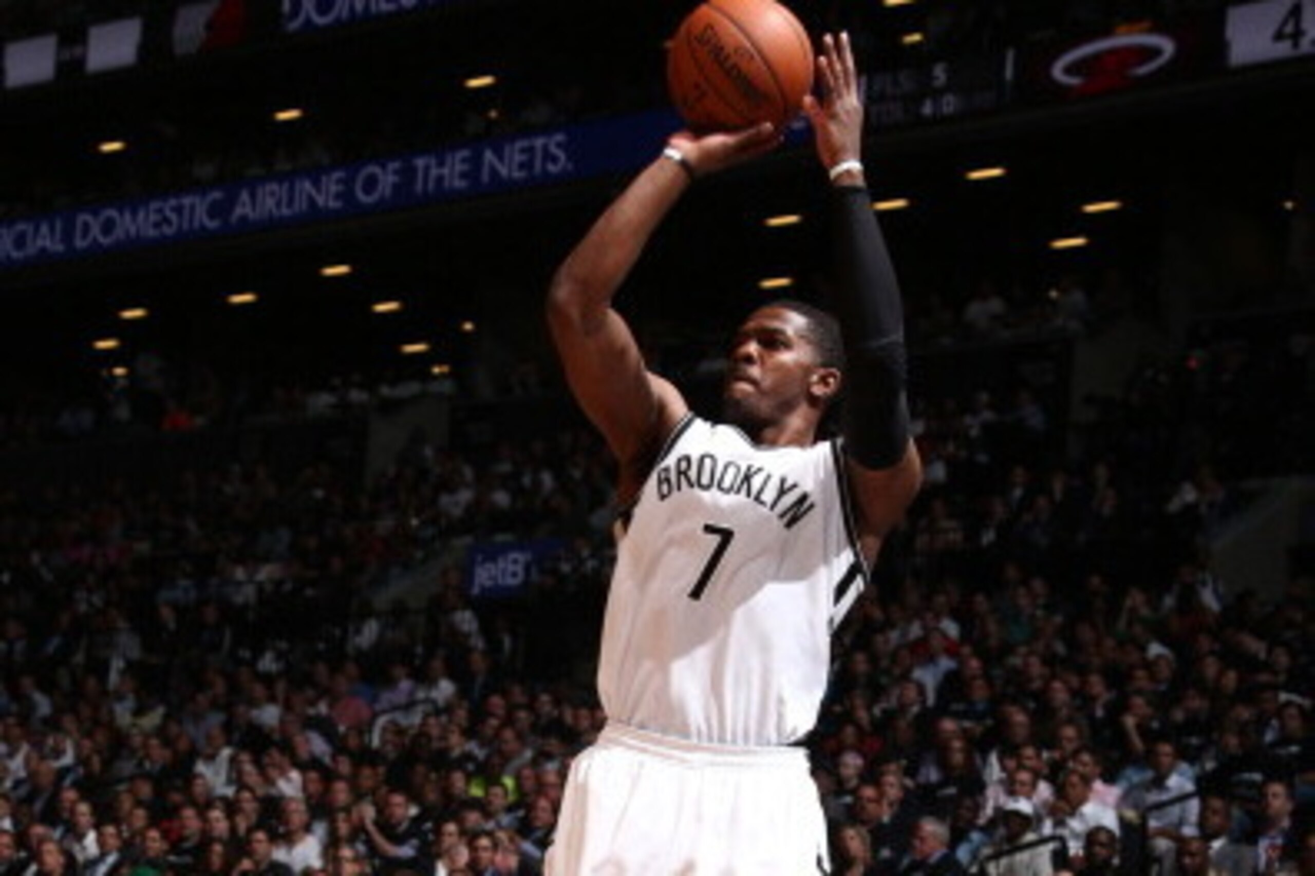 BROOKLYN, NY - MAY 12: Joe Johnson #7 of the Brooklyn Nets shoots against the Miami Heat in Game Four of the Eastern Conference Semifinals during the 2014 NBA Playoffs on May 12, 2014 at Barclays Center in Brooklyn. NOTE TO USER: User expressly acknowledg