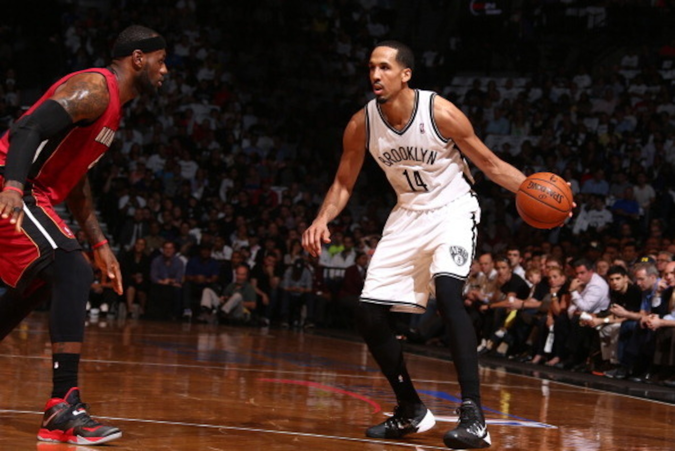 BROOKLYN, NY - MAY 12: Shaun Livingston #14 of the Brooklyn Nets handles the ball against LeBron James #6 of the Miami Heat in Game Four of the Eastern Conference Semifinals during the 2014 NBA Playoffs on May 12, 2014 at Barclays Center in Brooklyn. NOTE