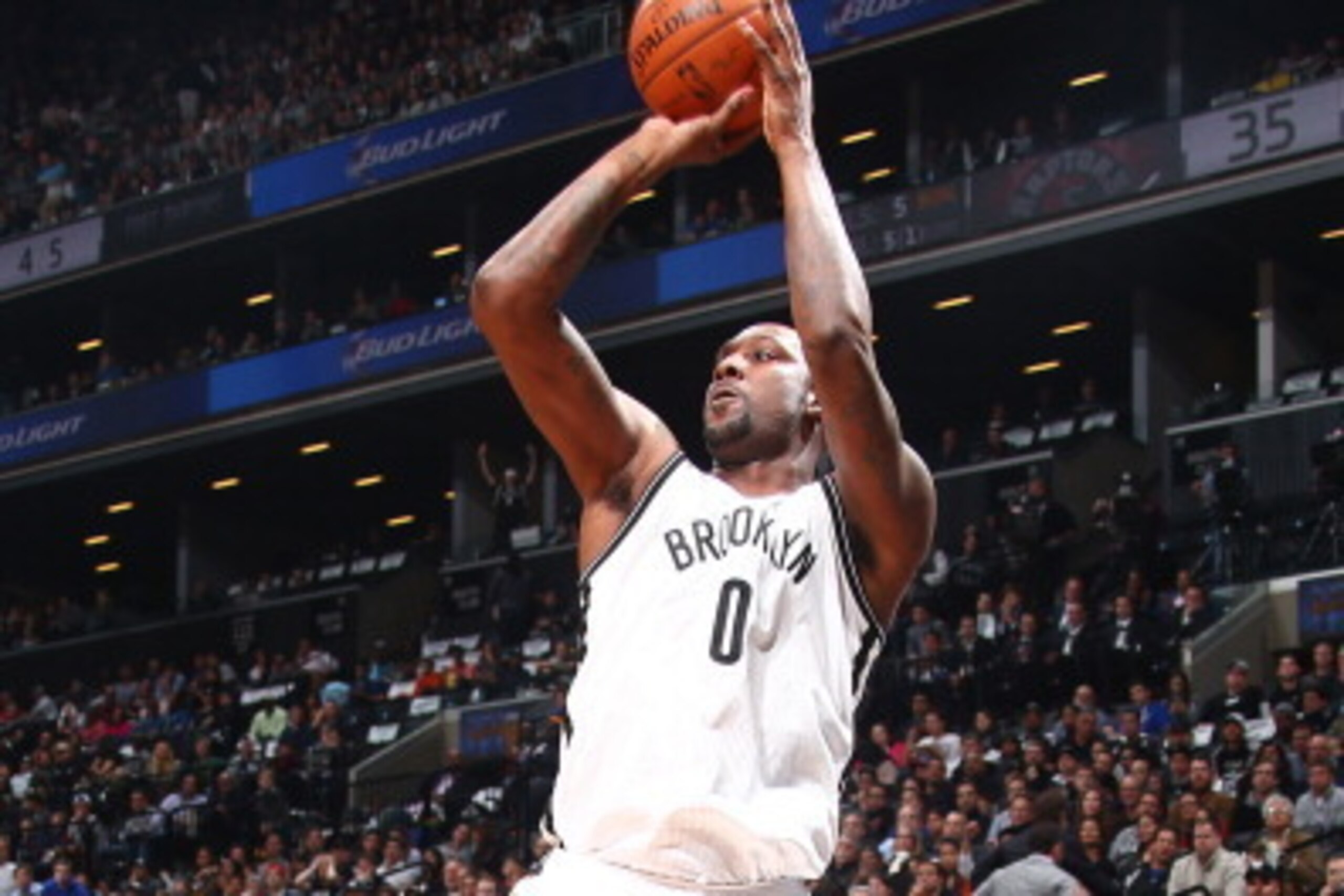 BROOKLYN, NY - APRIL 27:  Andray Blatche #0 of the Brooklyn Nets shoots the ball against the Toronto Raptors during Game Four of the Eastern Conference Quarterfinals  at Barclays Center in Brooklyn. NOTE TO USER: User expressly acknowledges and agrees tha