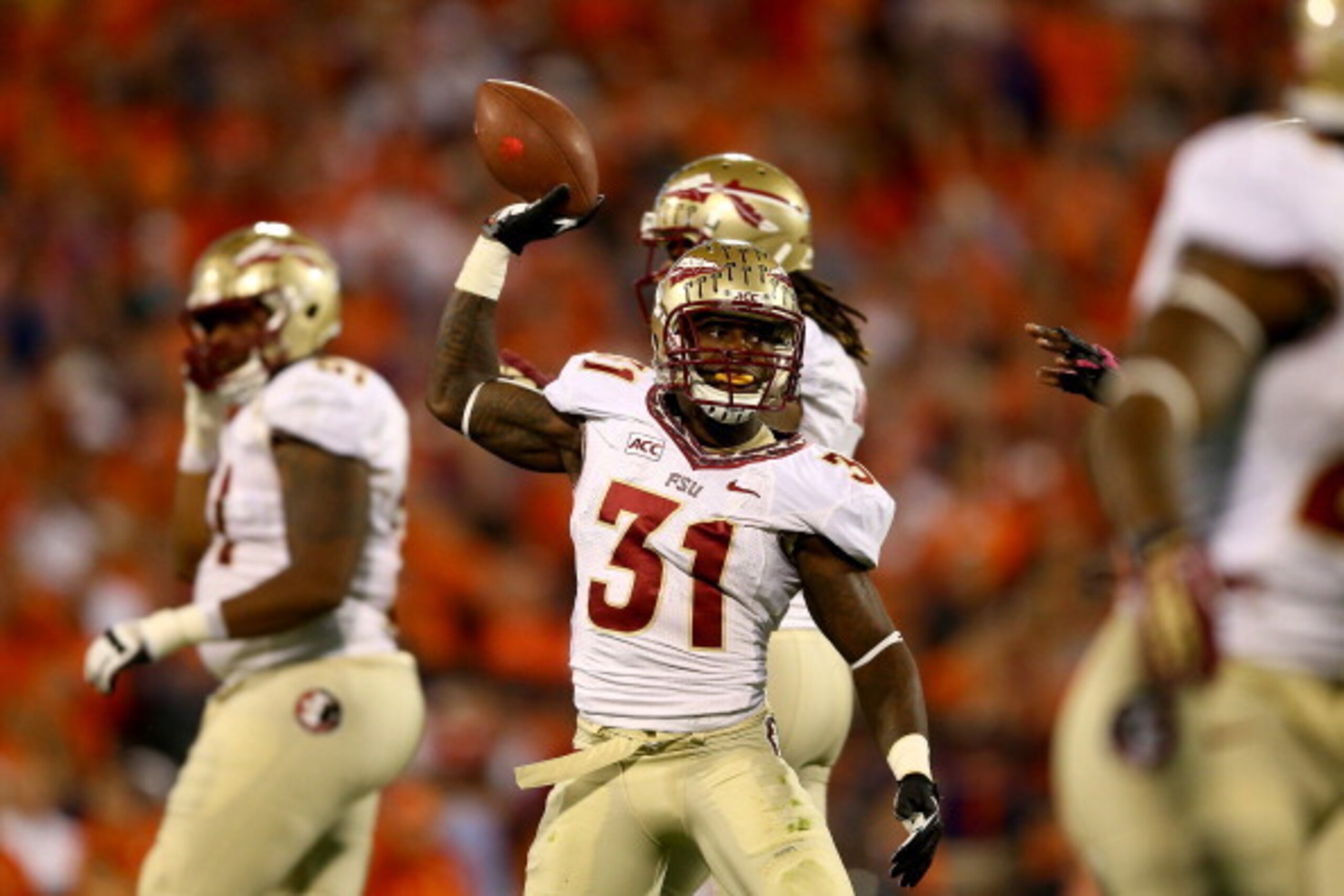CLEMSON, SC - OCTOBER 19:  Terrence Brooks #31 of the Florida State Seminoles reacts after a fumble recovery during their game against the Clemson Tigers at Memorial Stadium on October 19, 2013 in Clemson, South Carolina.  (Photo by Streeter Lecka/Getty I