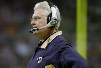 St. Louis Rams coach Mike Martz watches play  against the Tampa Bay Buccaneers October 18, 2004 at the Edward Jones Dome in St. Louis.  The Rams defeated the Bucs in a Monday Night Football game on ABC.  (Photo by Al Messerschmidt/Getty Images)