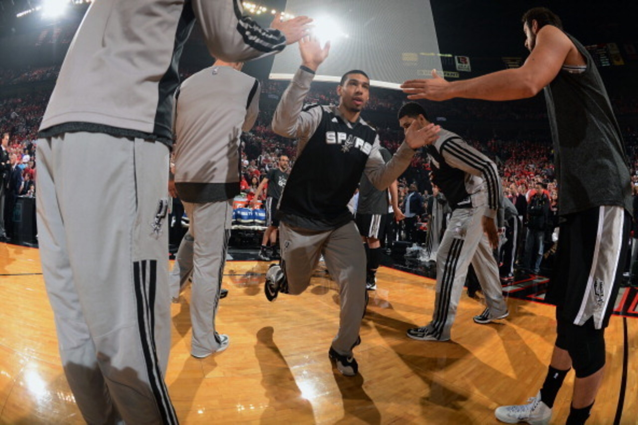 PORTLAND, OR - MAY 10: Danny Green #4 of the San Antonio Spurs gets introduced before a game against the Portland Trail Blazers in Game Three of the Western Conference Semifinals on May 10, 2014 at the Moda Center in Portland, Oregon. NOTE TO USER: User e