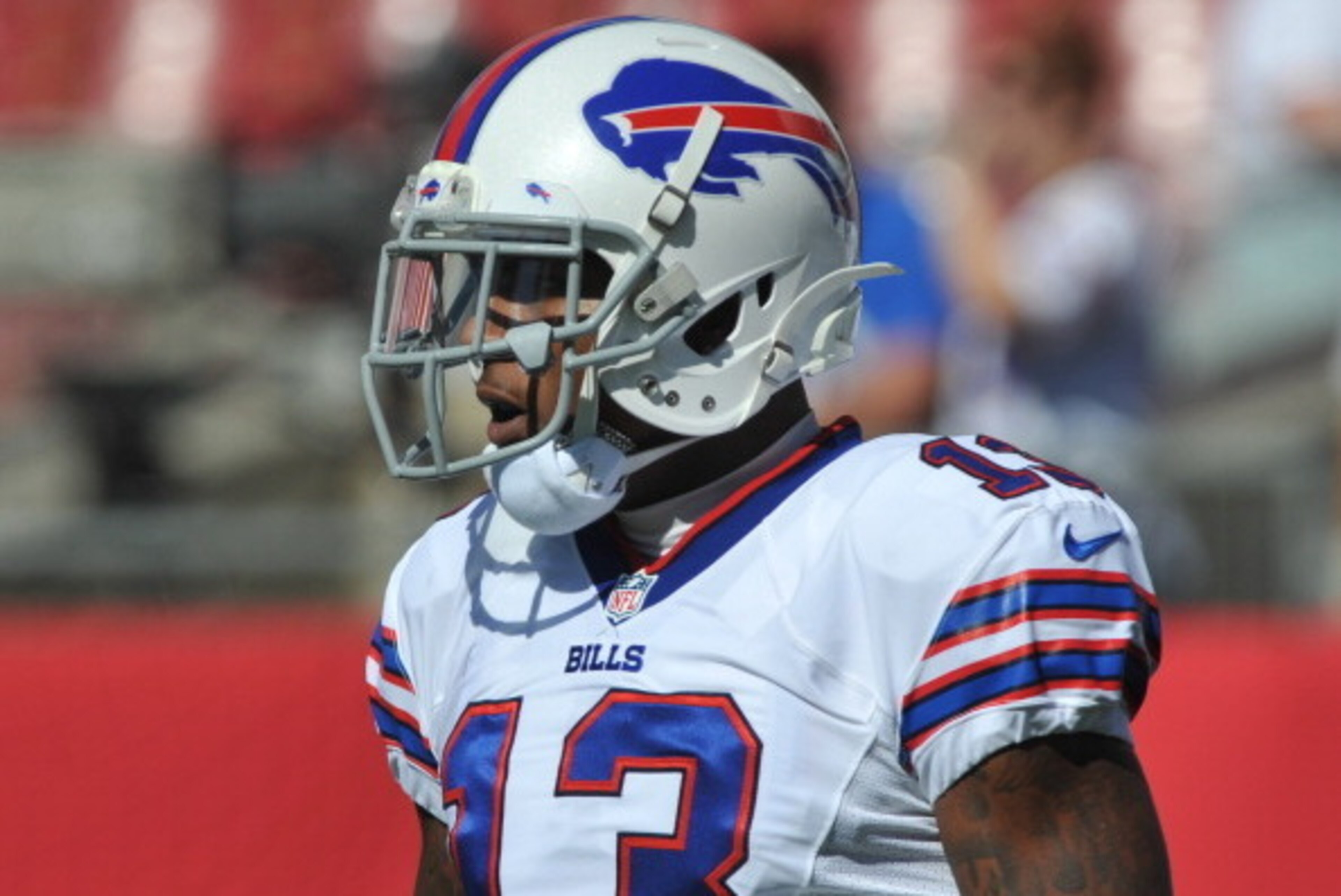 TAMPA, FL -  DECEMBER 8:  Wide receiver Stevie Johnson #13 of the Buffalo Bills warms up for play against the Tampa Bay Buccaneers December 8, 2013 at Raymond James Stadium in Tampa, Florida. The Bucs won 27 - 6. (Photo by Al Messerschmidt/Getty Images)