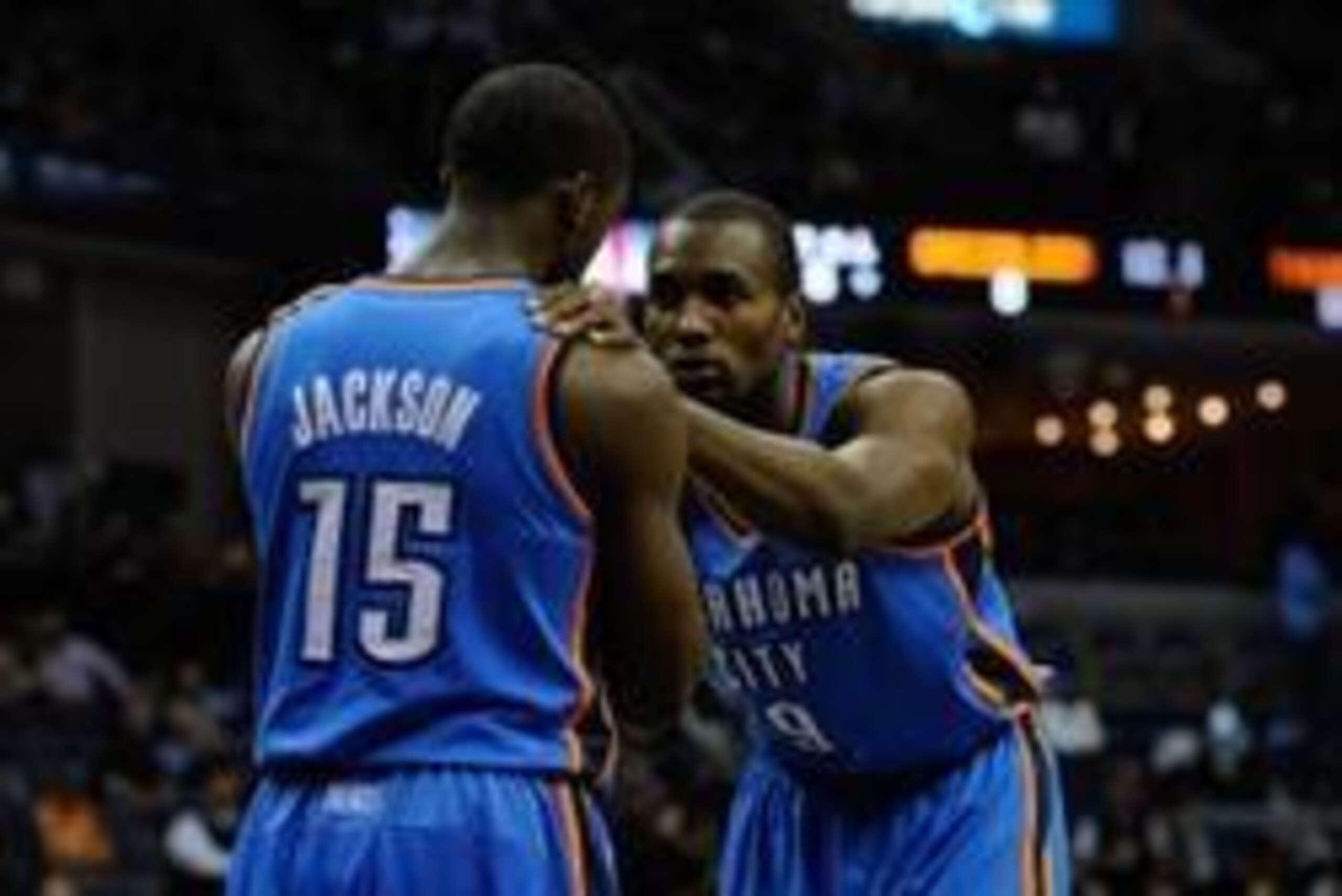 Jan 14, 2014; Memphis, TN, USA; Oklahoma City Thunder point guard Reggie Jackson (15) and Oklahoma City Thunder power forward Serge Ibaka (9) before the game against the Memphis Grizzlies at FedExForum. Memphis Grizzlies beat Oklahoma City Thunder 90 - 87