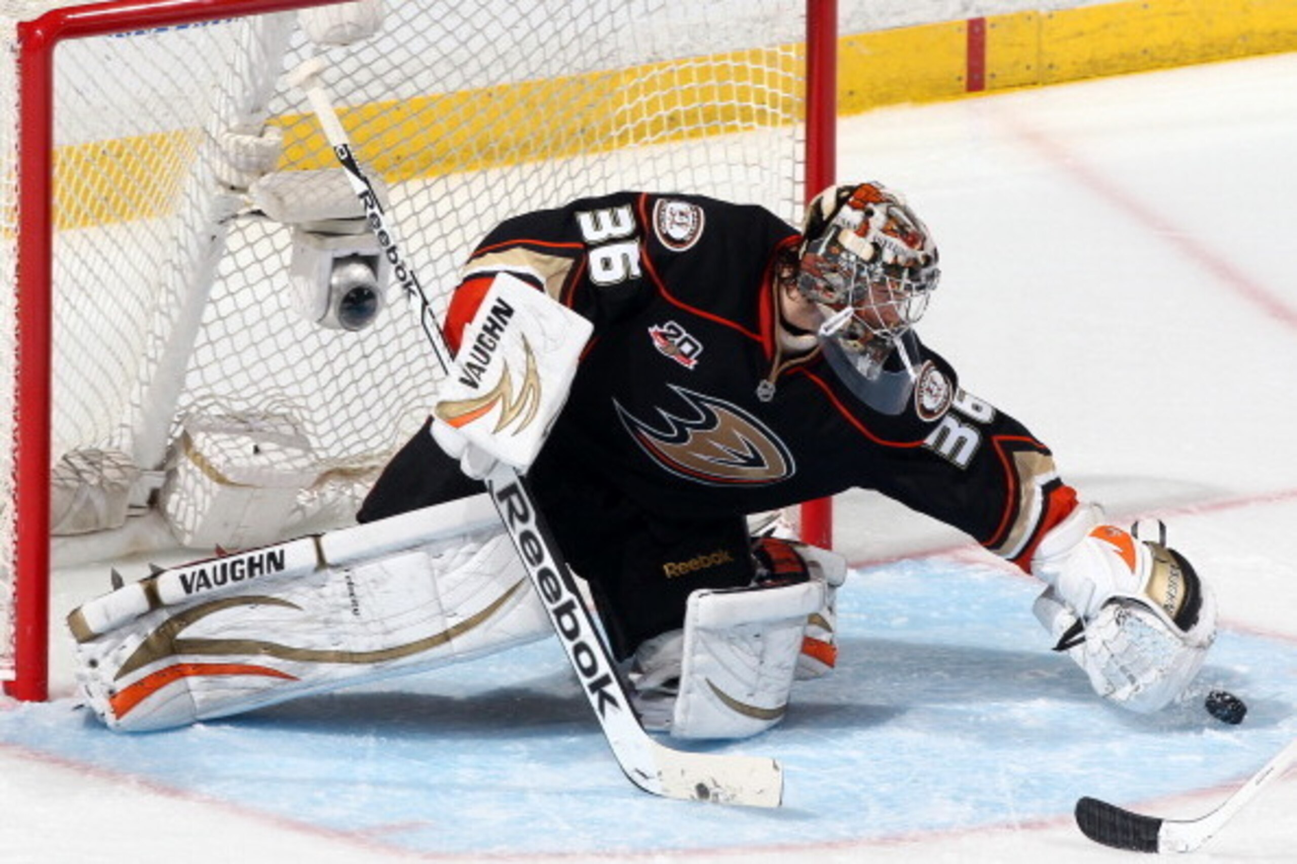 ANAHEIM, CA - MAY 12:  John Gibson #36 of the Anaheim Ducks blocks the puck during the game against the Los Angeles Kings in Game Five of the Second Round of the 2014 Stanley Cup Playoffs at Honda Center on May 12, 2014 in Anaheim, California. (Photo by D