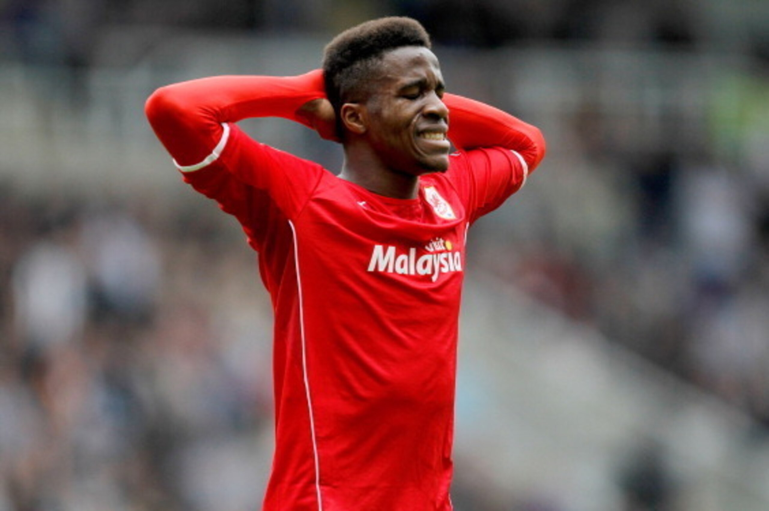 NEWCASTLE, ENGLAND-  May 03: Cardiff City's Wilfried Zaha of Cardiff misses the target during the Barclays Premier League match between Newcastle United and Cardiff City at St. James'  Park on May 03, 2014  in Newcastle upon Tyne, England. (Photo by Richa