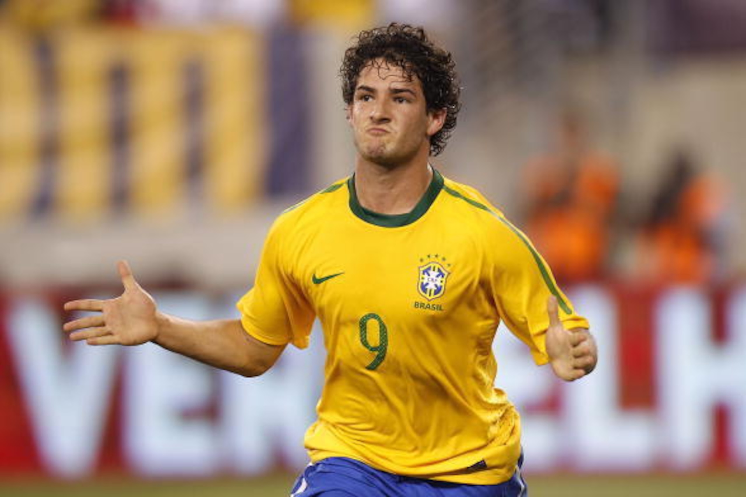 EAST RUTHERFORD, NJ - AUGUST 10: Alexandre Pato #9 of Brazil celebrates a his goal against the U.S. in the first half of a friendly match at the New Meadowlands on August 10, 2010 in East Rutherford, New Jersey. (Photo by Jeff Zelevansky/Getty Images)
