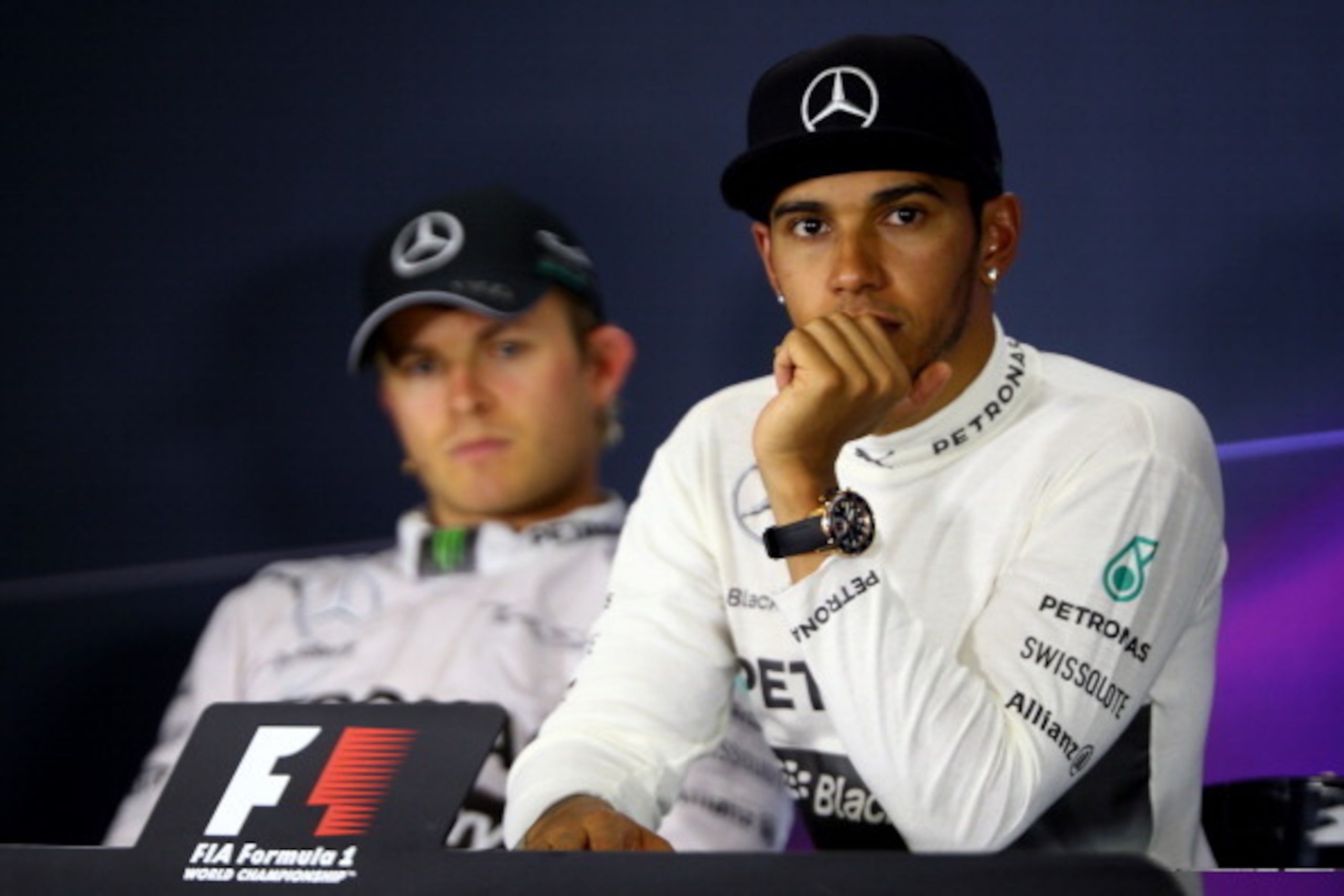 MONTMELO, SPAIN - MAY 11:  Lewis Hamilton of Great Britain and Mercedes GP attends a press conference with Nico Rosberg of Germany and Mercedes GP after the Spanish Formula One Grand Prix at Circuit de Catalunya on May 11, 2014 in Montmelo, Spain.  (Photo