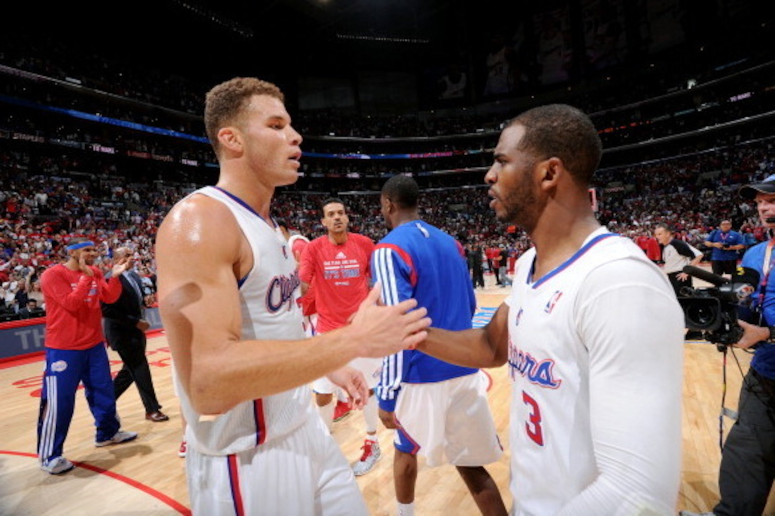 LOS ANGELES, CA - MAY 11: Chris Paul #3 and Blake Griffin #32 of the Los Angeles Clippers celebrate after winning a game against the Oklahoma City Thunder in Game Four of the Western Conference Semifinals during the 2014 NBA Playoffs at Staples Center on 
