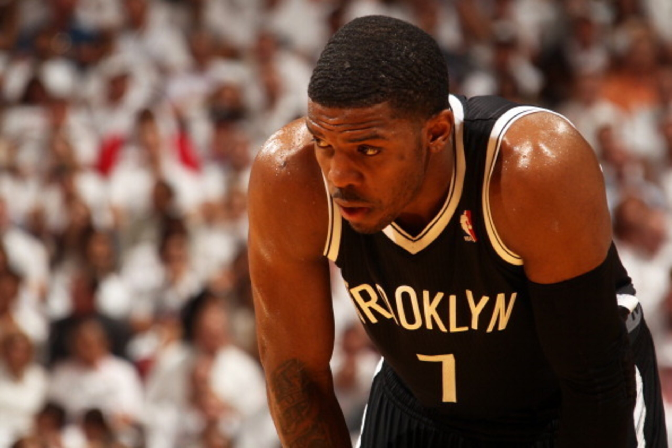 MIAMI, FL - May 8: Joe Johnson #7 of the Brooklyn Nets during a game against the Miami Heat in Game Two of the Eastern Conference Semifinals of the 2014 NBA playoffs at the American Airlines Arena in Miami, Florida on May 8, 2014. NOTE TO USER: User expre MIAMI, FL - May 8: Joe Johnson #7 of the Brooklyn Nets during a game against the Miami Heat in Game Two of the Eastern Conference Semifinals of the 2014 NBA playoffs at the American Airlines Arena in Miami, Florida on May 8, 2014. NOTE TO USER: User expre