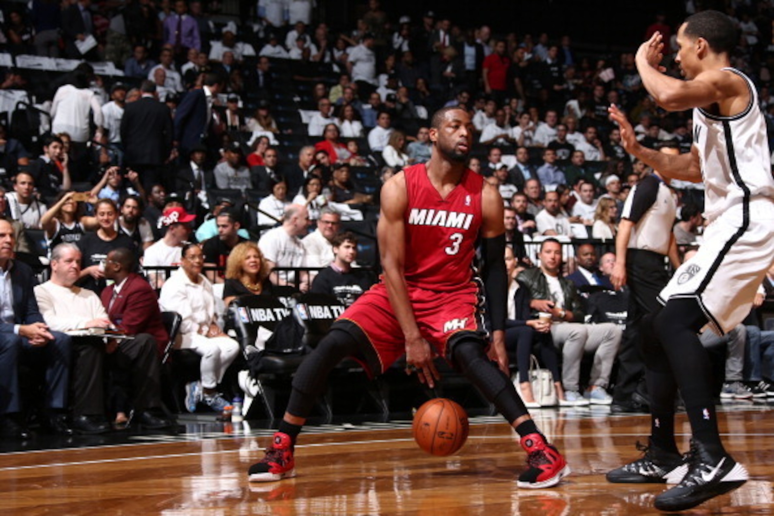 BROOKLYN, NY - MAY 12: Dwyane Wade #3 of the Miami Heat handles the ball against the Brooklyn Nets in Game Four of the Eastern Conference Semifinals during the 2014 NBA Playoffs on May 12, 2014 at Barclays Center in Brooklyn. NOTE TO USER: User expressly 