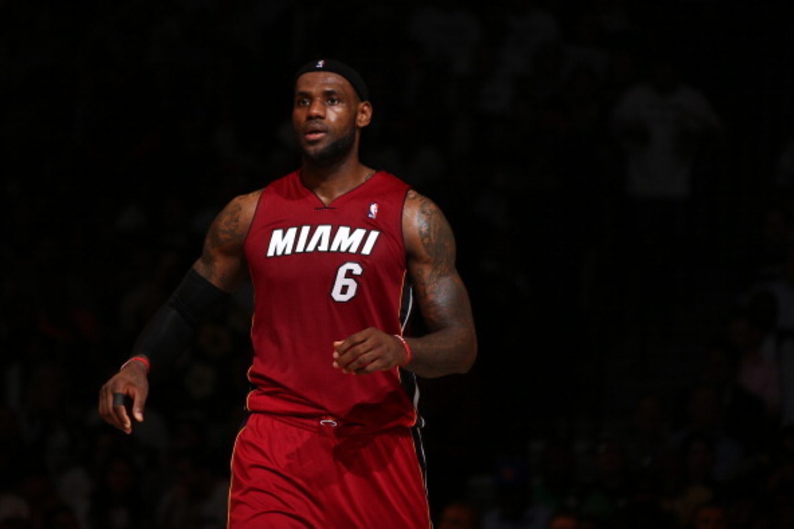 BROOKLYN, NY - MAY 12: LeBron James #6 of the Miami Heat looks on in Game Four of the Eastern Conference Semifinals against the Brooklyn Nets during the 2014 NBA Playoffs on May 12, 2014 at Barclays Center in Brooklyn. NOTE TO USER: User expressly acknowl