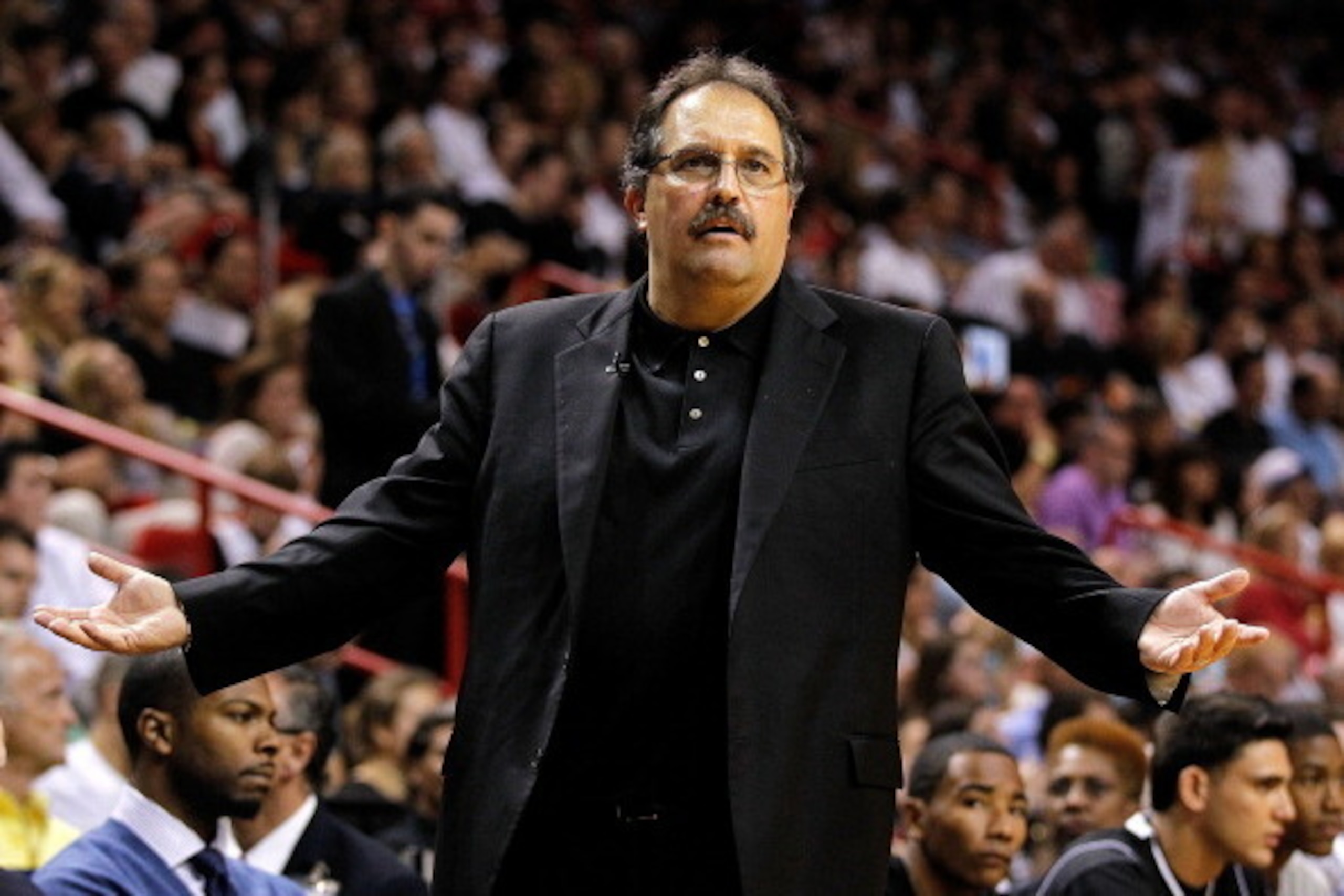 MIAMI, FL - FEBRUARY 19:  Orlando Magic head coach Stan Van Gundy reacts during a game against the Miami Heat at American Airlines Arena on February 19, 2012 in Miami, Florida. NOTE TO USER: User expressly acknowledges and agrees that, by downloading and/