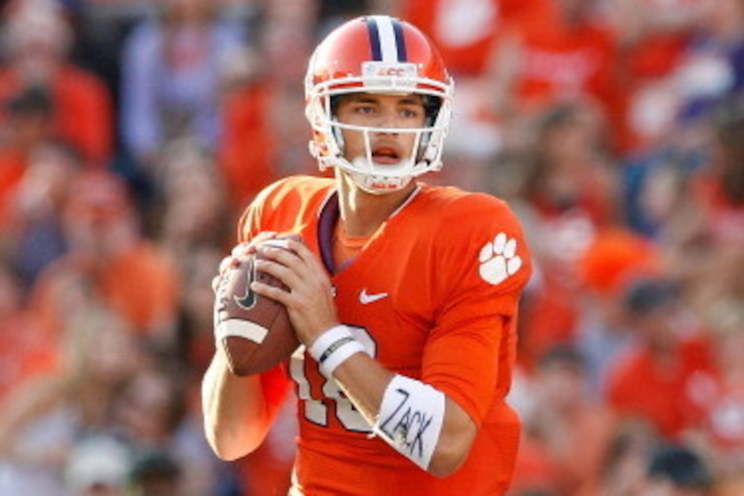 CLEMSON, SC - SEPTEMBER 28: Cole Stoudt #18 of the Clemson Tigers drops back to pass during the game against the Wake Forest Demon Deacons at Memorial Stadium on September 28, 2013 in Clemson, South Carolina. (Photo by Tyler Smith/Getty Images)