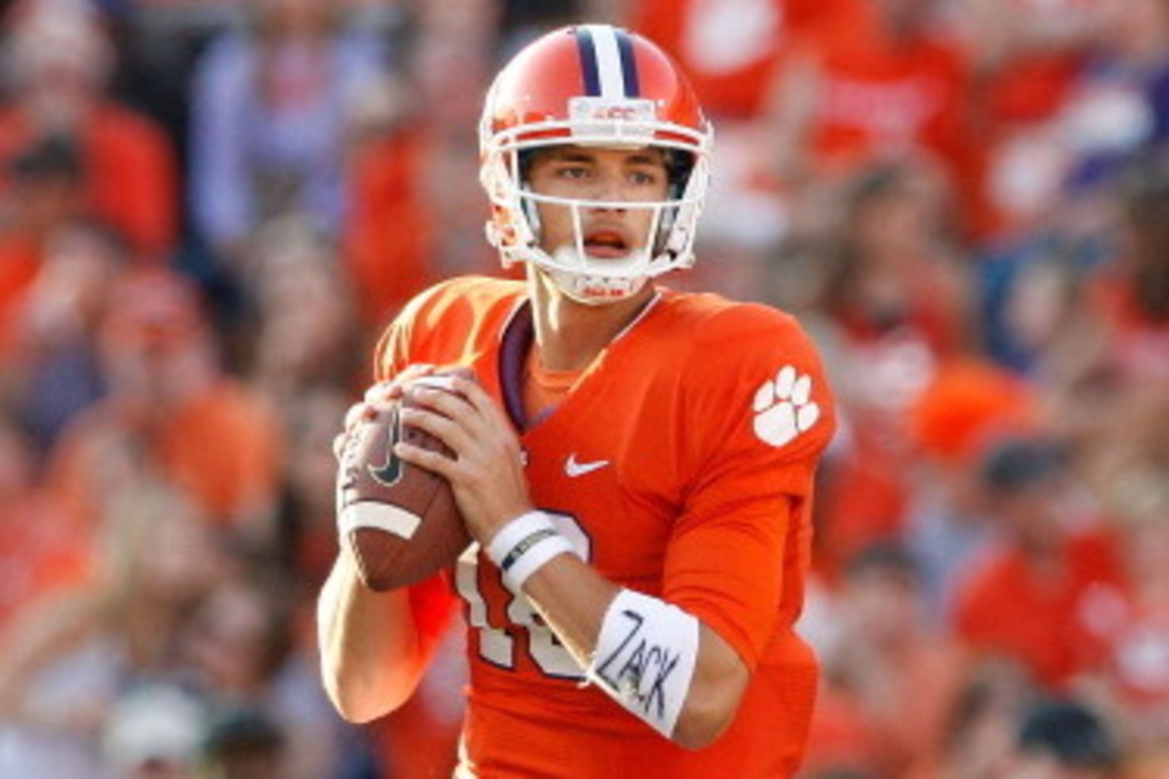 CLEMSON, SC - SEPTEMBER 28: Cole Stoudt #18 of the Clemson Tigers drops back to pass during the game against the Wake Forest Demon Deacons at Memorial Stadium on September 28, 2013 in Clemson, South Carolina. (Photo by Tyler Smith/Getty Images)