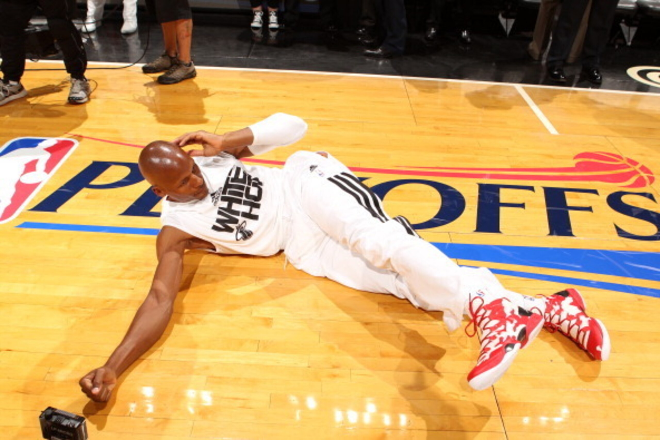 MIAMI, FL - MAY 6: Ray Allen #34 of the Miami Heat stretches before Game One of the Eastern Conference Semi-Finals against the Brooklyn Nets during the 2014 NBA Playoffs at American Airlines Arena on May 6, 2014 in Miami, Florida. NOTE TO USER: User expre