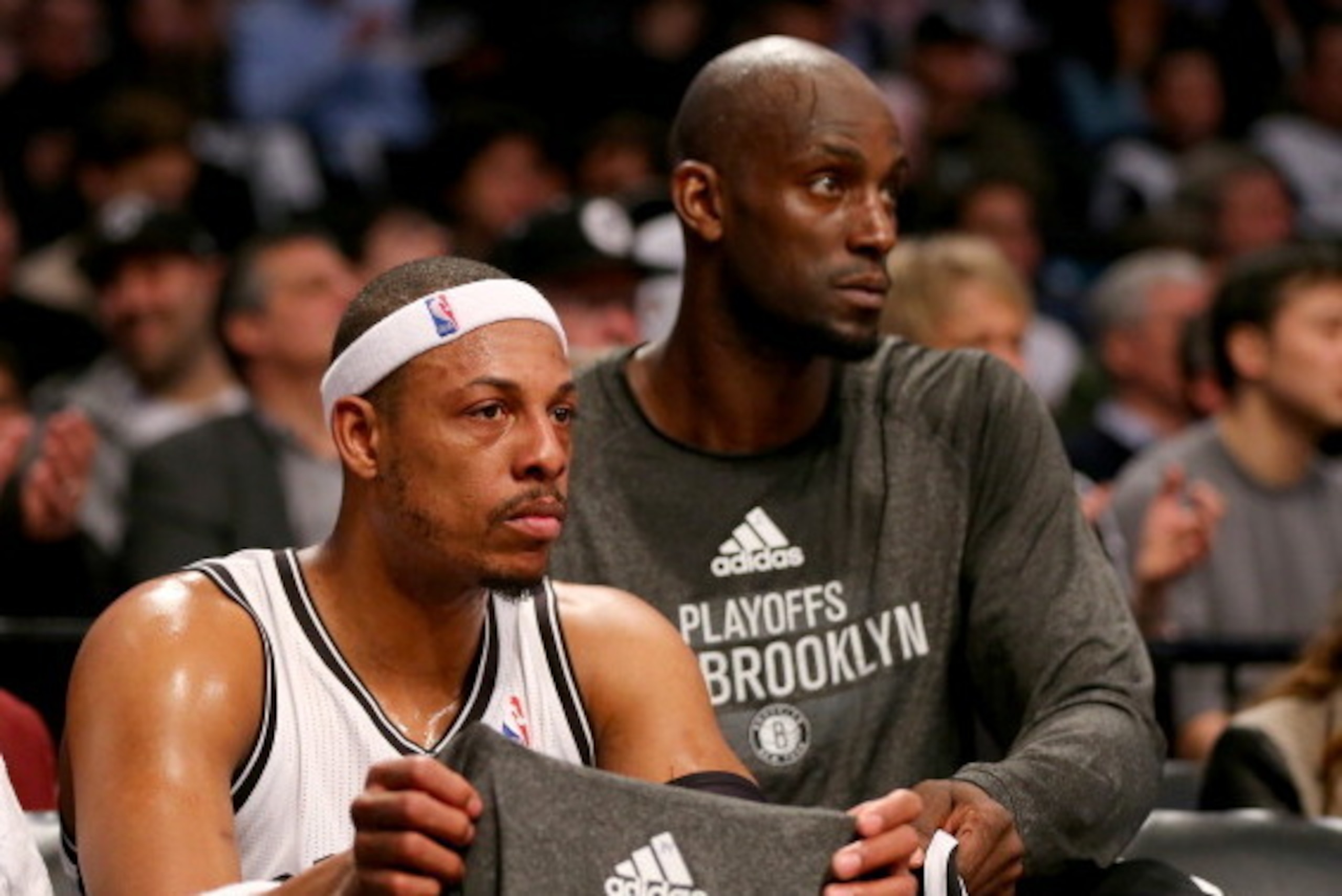 NEW YORK, NY - APRIL 25:  Paul Pierce #34 and Kevin Garnett #2 of the Brooklyn Nets look on from the bench in the first half against the Toronto Raptors in Game Three of the Eastern Conference Quarterfinals during the 2014 NBA Playoffs at the Barclays Cen