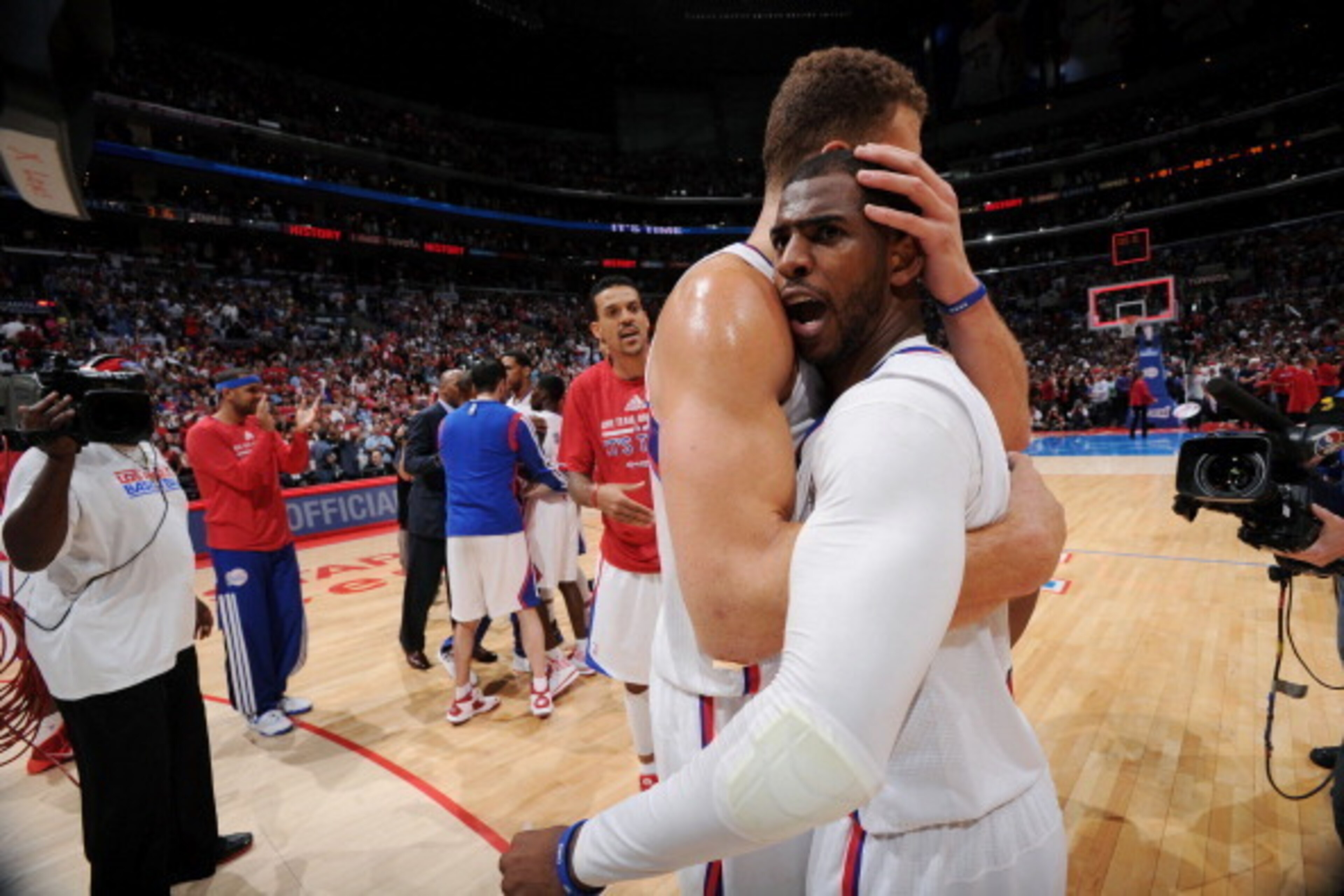 LOS ANGELES, CA - MAY 11: Chris Paul #3 and Blake Griffin #32 of the Los Angeles Clippers celebrate after winning a game against the Oklahoma City Thunder in Game Four of the Western Conference Semifinals during the 2014 NBA Playoffs at Staples Center on LOS ANGELES, CA - MAY 11: Chris Paul #3 and Blake Griffin #32 of the Los Angeles Clippers celebrate after winning a game against the Oklahoma City Thunder in Game Four of the Western Conference Semifinals during the 2014 NBA Playoffs at Staples Center on