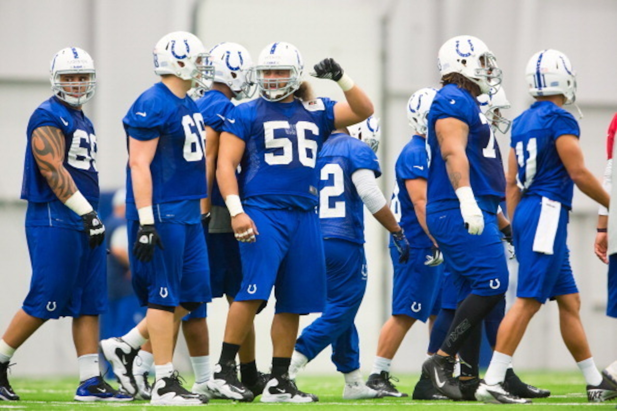 INDIANAPOLIS, IN - MAY 11: Khaled Holmes #56 of the Indianapolis Colts waits between drills during Indianapolis Colts Rookie camp at Indiana Farm Bureau Football Center on May 11, 2013 in Indianapolis, Indiana. (Photo by Michael Hickey/Getty Images)