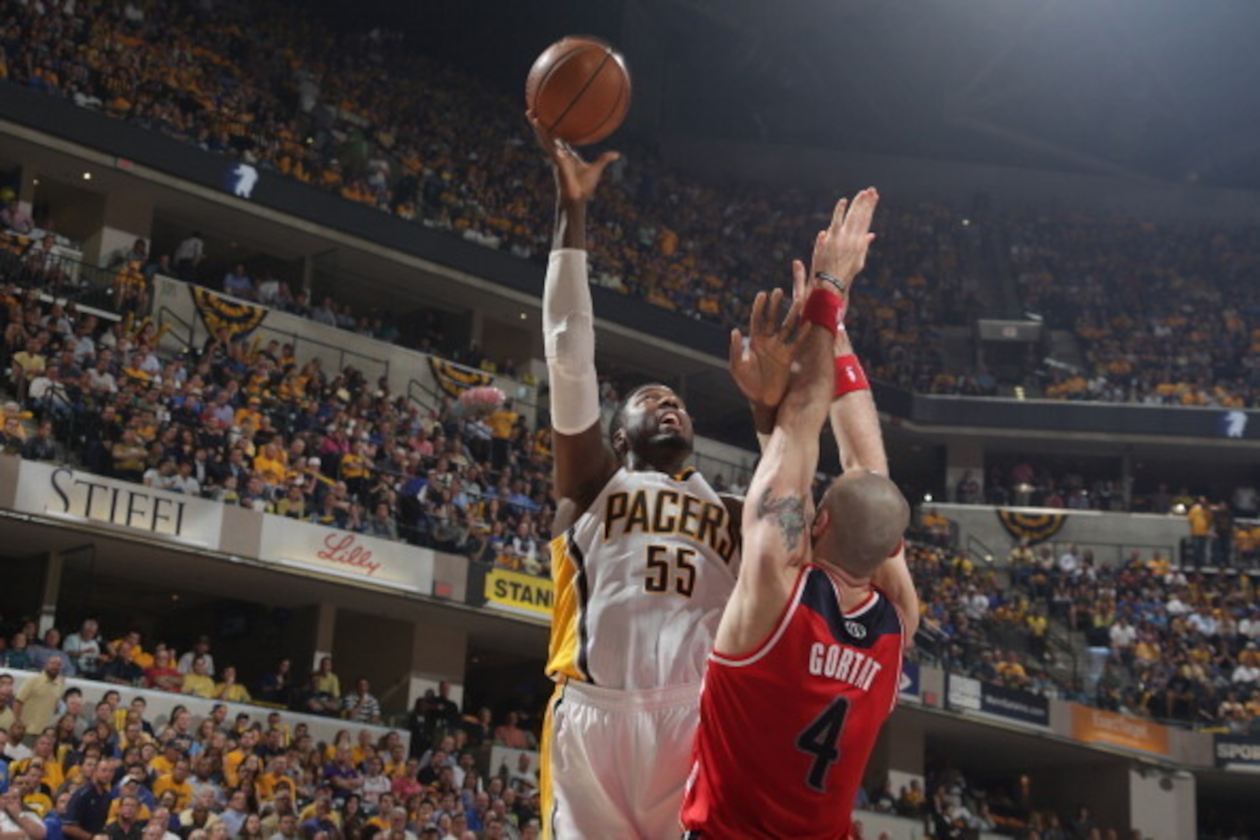 INDIANAPOLIS, IND - MAY 13: Roy Hibbert #55 of the Indiana Pacers shoots against the Washington Wizards in Game Five of the Eastern Conference Semi-Finals during the 2014 NBA Plaoffs at Bankers Life Fieldhouse on May 13, 2014 in Indianapolis, Indiana. NOT