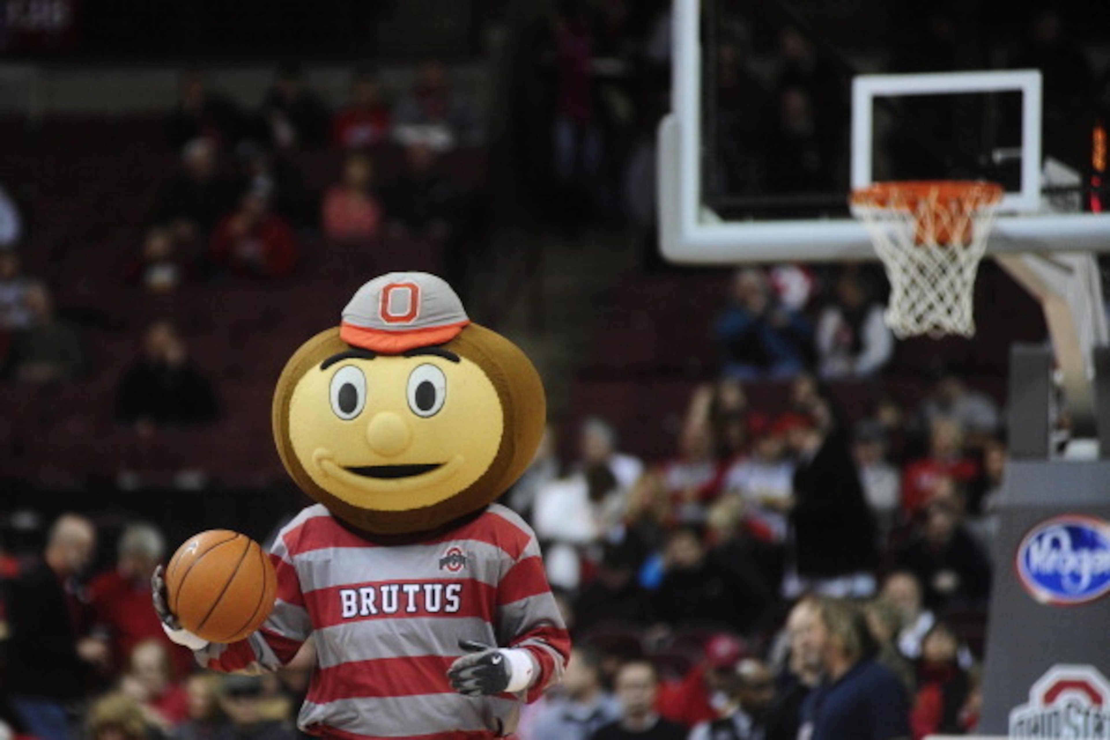COLUMBUS, OH - JANUARY 4:  Ohio State Mascot Brutus the Buckeye goofs around with a basketball prior to the start of the game against the Nebraska Cornhuskers on January 4, 20114 at Value City Arena in Columbus, Ohio.  Ohio State won by a final score of 8