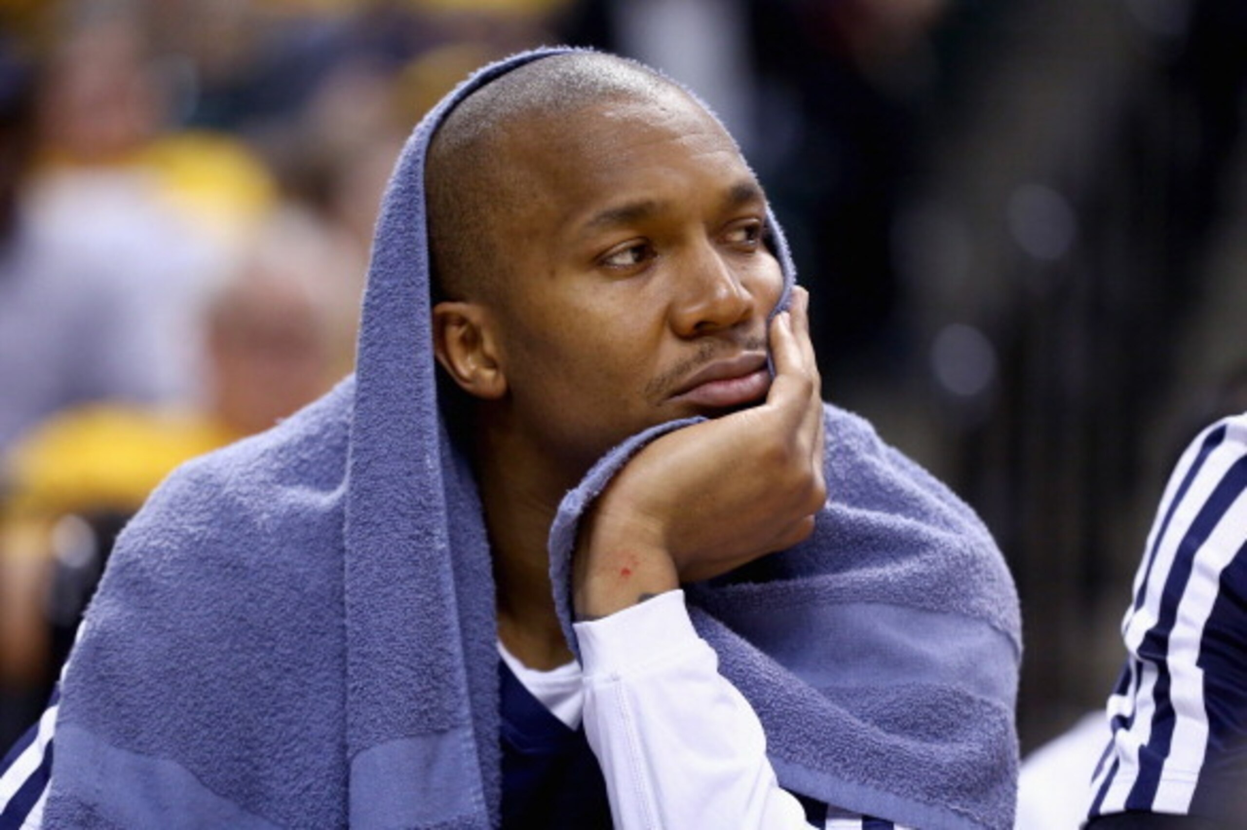 INDIANAPOLIS, IN - MAY 13: David West #21 of the Indiana Pacers watches from the bench in the fourth quater of the 102-79 loss to the Washington Wizards in Game 5 of the Eastern Conference Semifinals during the 2014 NBA Playoffs at Bankers Life Fieldhouse