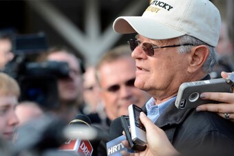 Apr 29, 2014; Louisville, KY, USA; Art Sherman the trainer for Kentucky Derby hopeful California Chrome speaks to the media following a morning workout out at Churchill Downs. Mandatory Credit: Jamie Rhodes-USA TODAY Sports