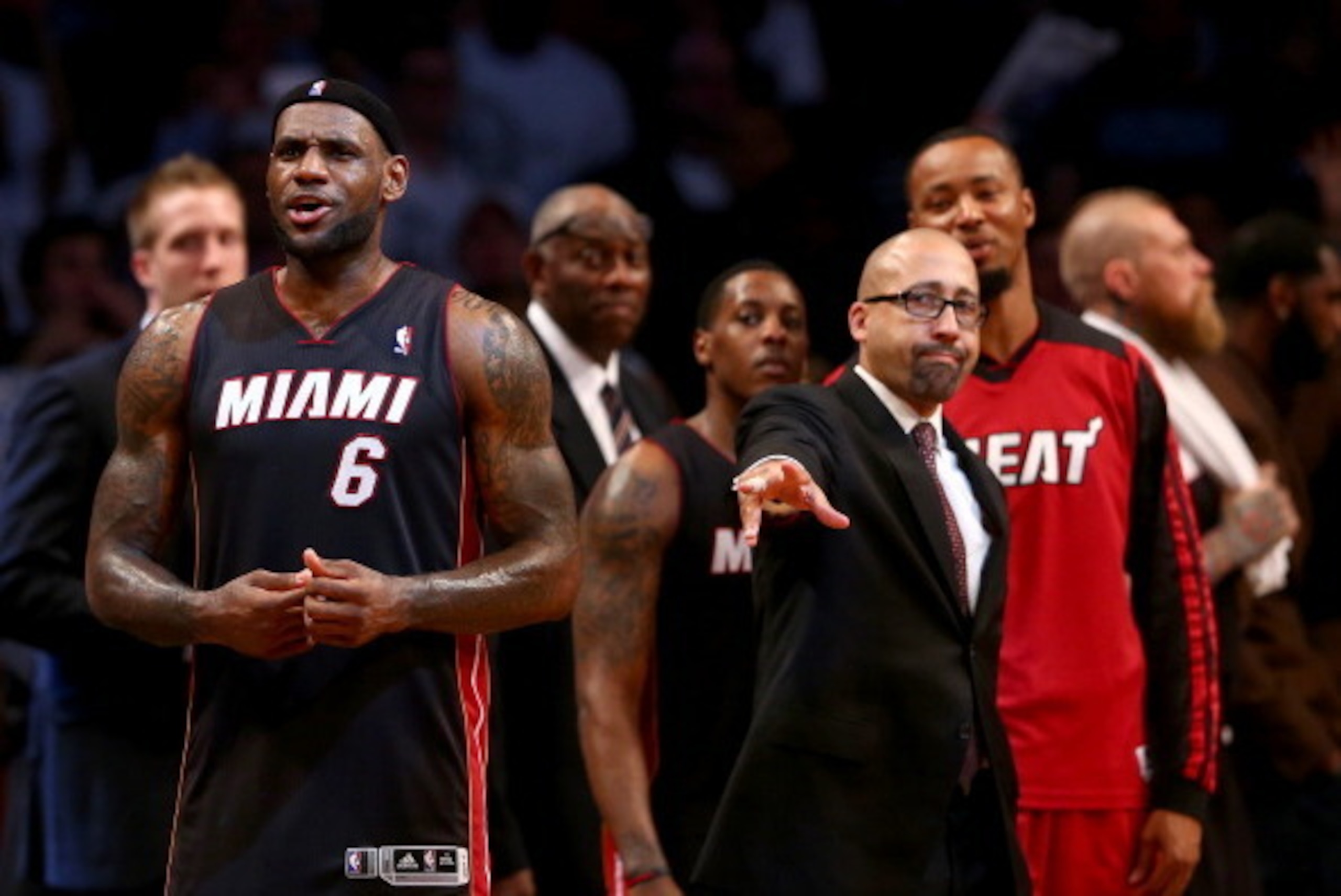 NEW YORK, NY - MAY 10:  LeBron James #6 of the Miami Heat has some words for the Brooklyn Nets bench after Game Three of the Eastern Conference Semifinals during the 2014 NBA Playoffs at the Barclays Center on May 10, 2014 in the Brooklyn borough of New Y