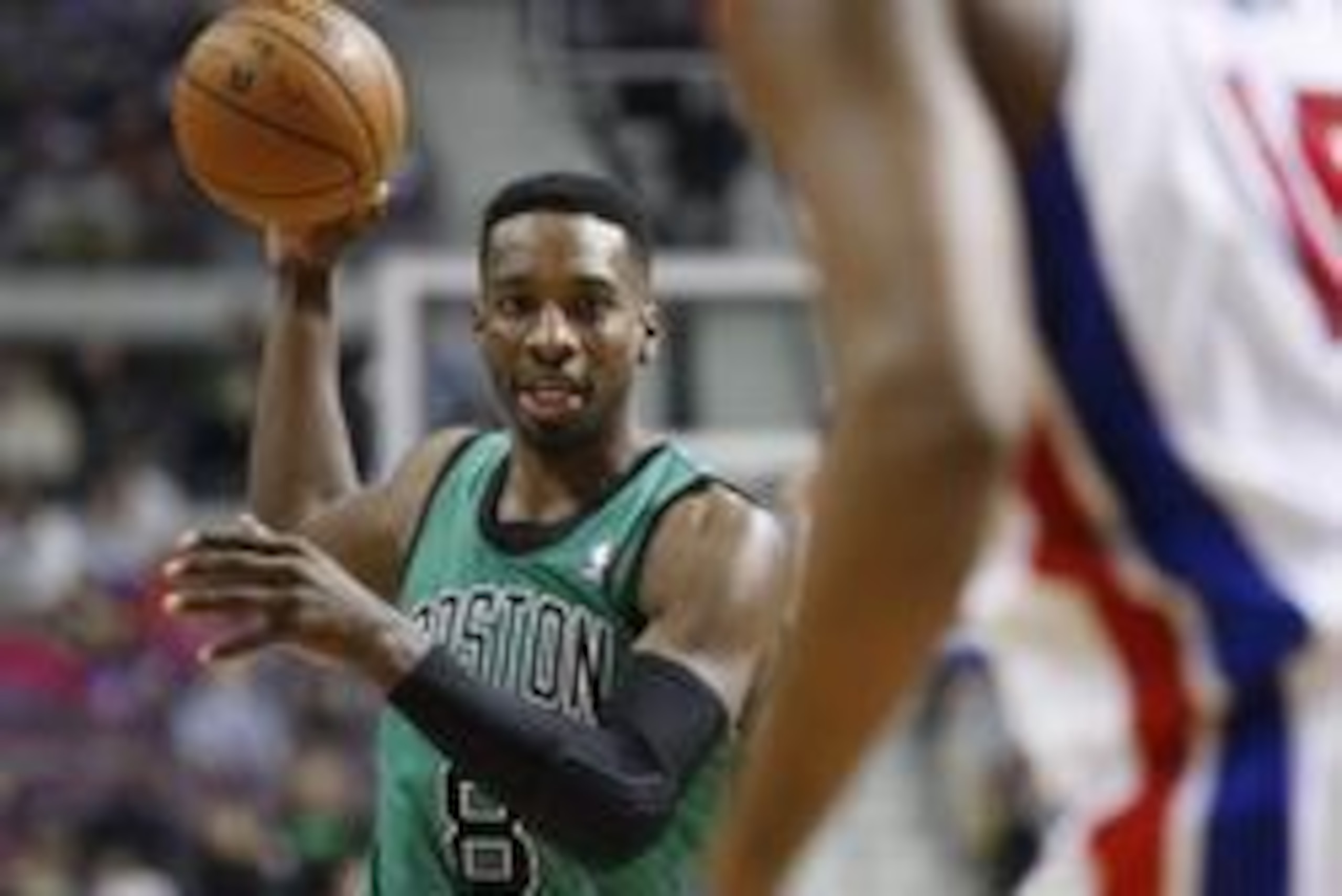 Apr 5, 2014; Auburn Hills, MI, USA; Boston Celtics forward Jeff Green (8) looks for an open teammate during the second quarter against the Detroit Pistons at The Palace of Auburn Hills. Mandatory Credit: Raj Mehta-USA TODAY Sports
