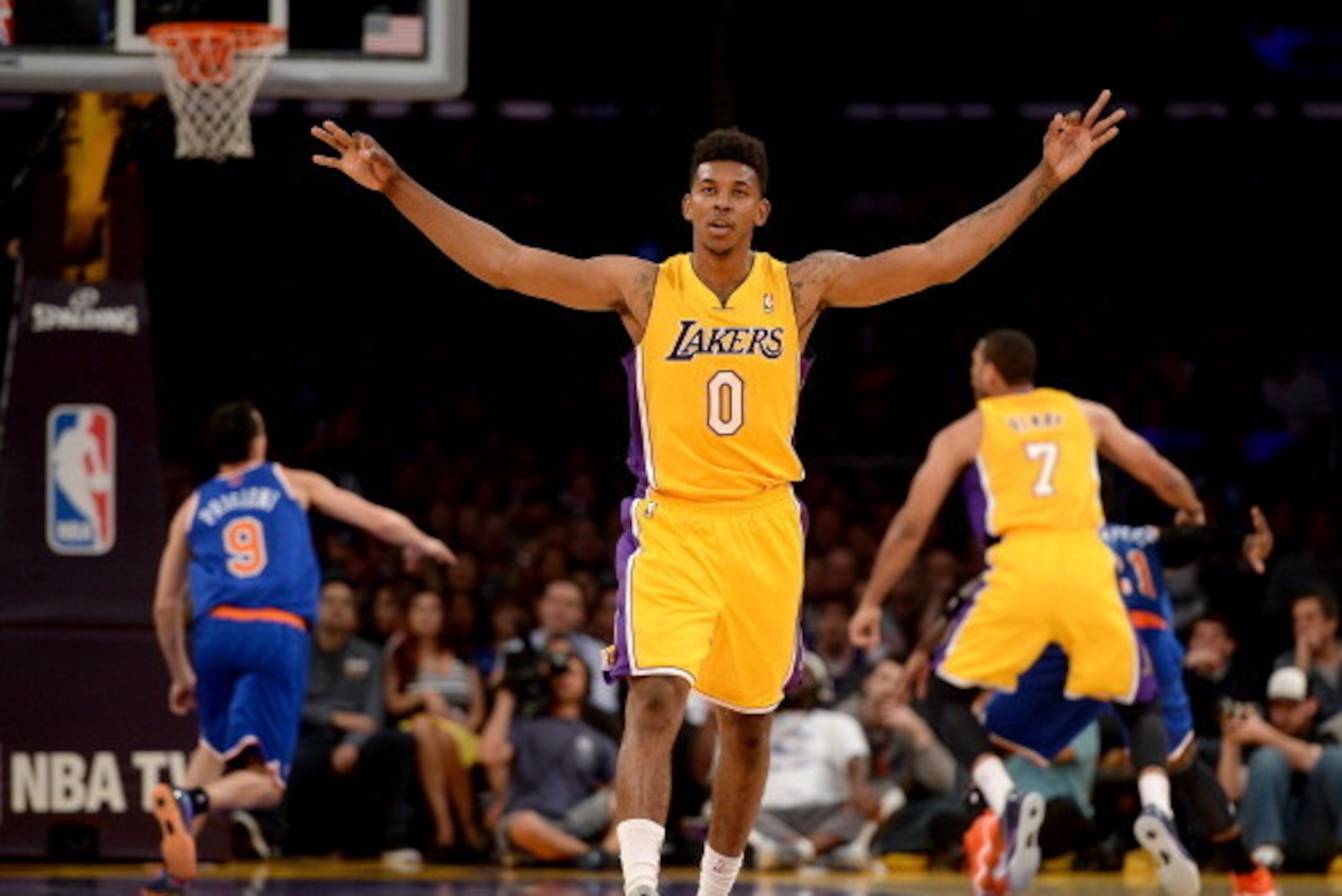 LOS ANGELES, CA - MARCH 25:  Nick Young #0 of the Los Angeles Lakers reacts after his shot during the game against the New York Knicks at Staples Center on March 25, 2014 in Los Angeles, California.   NOTE TO USER: User expressly acknowledges and agrees t