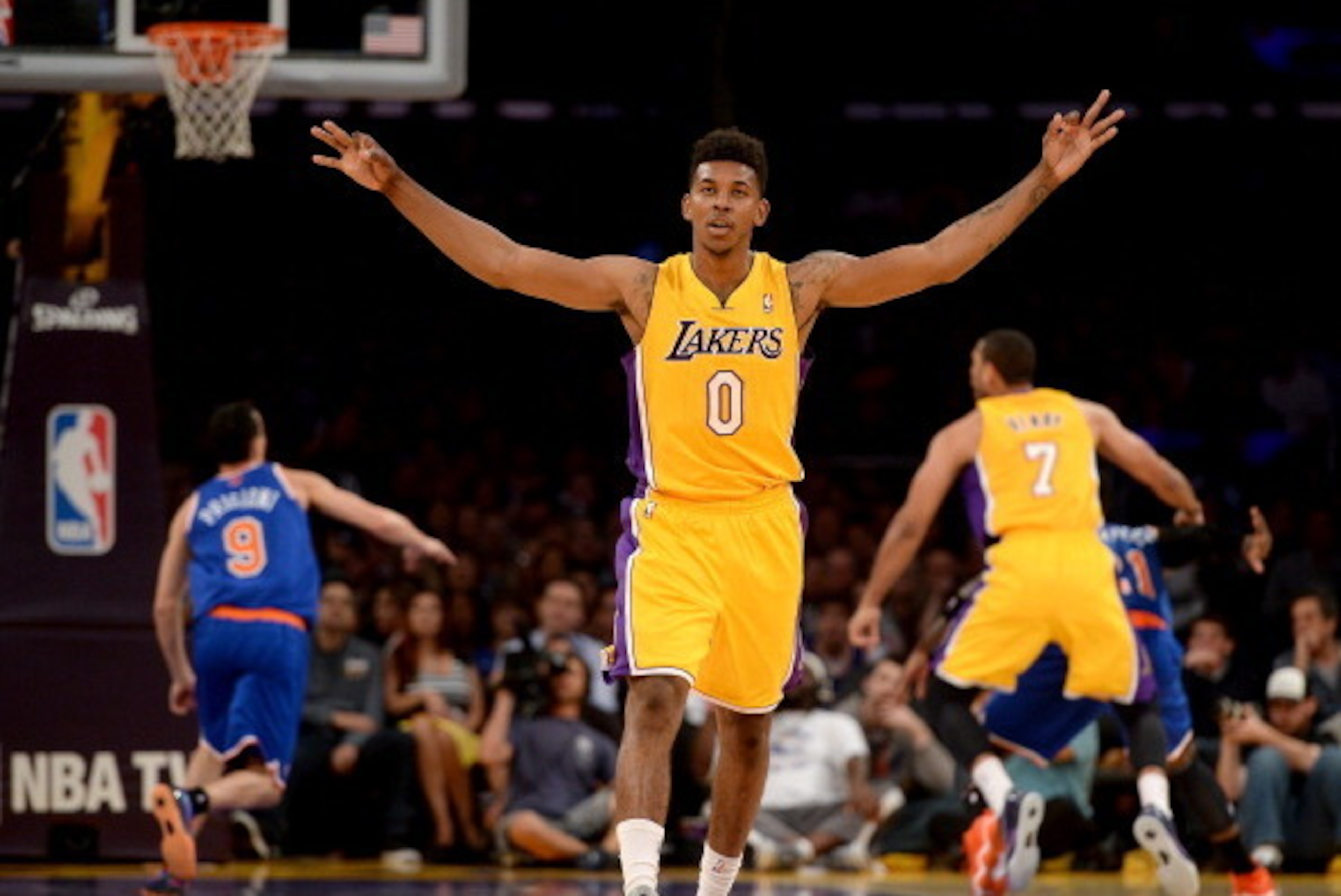 LOS ANGELES, CA - MARCH 25:  Nick Young #0 of the Los Angeles Lakers reacts after his shot during the game against the New York Knicks at Staples Center on March 25, 2014 in Los Angeles, California.   NOTE TO USER: User expressly acknowledges and agrees t