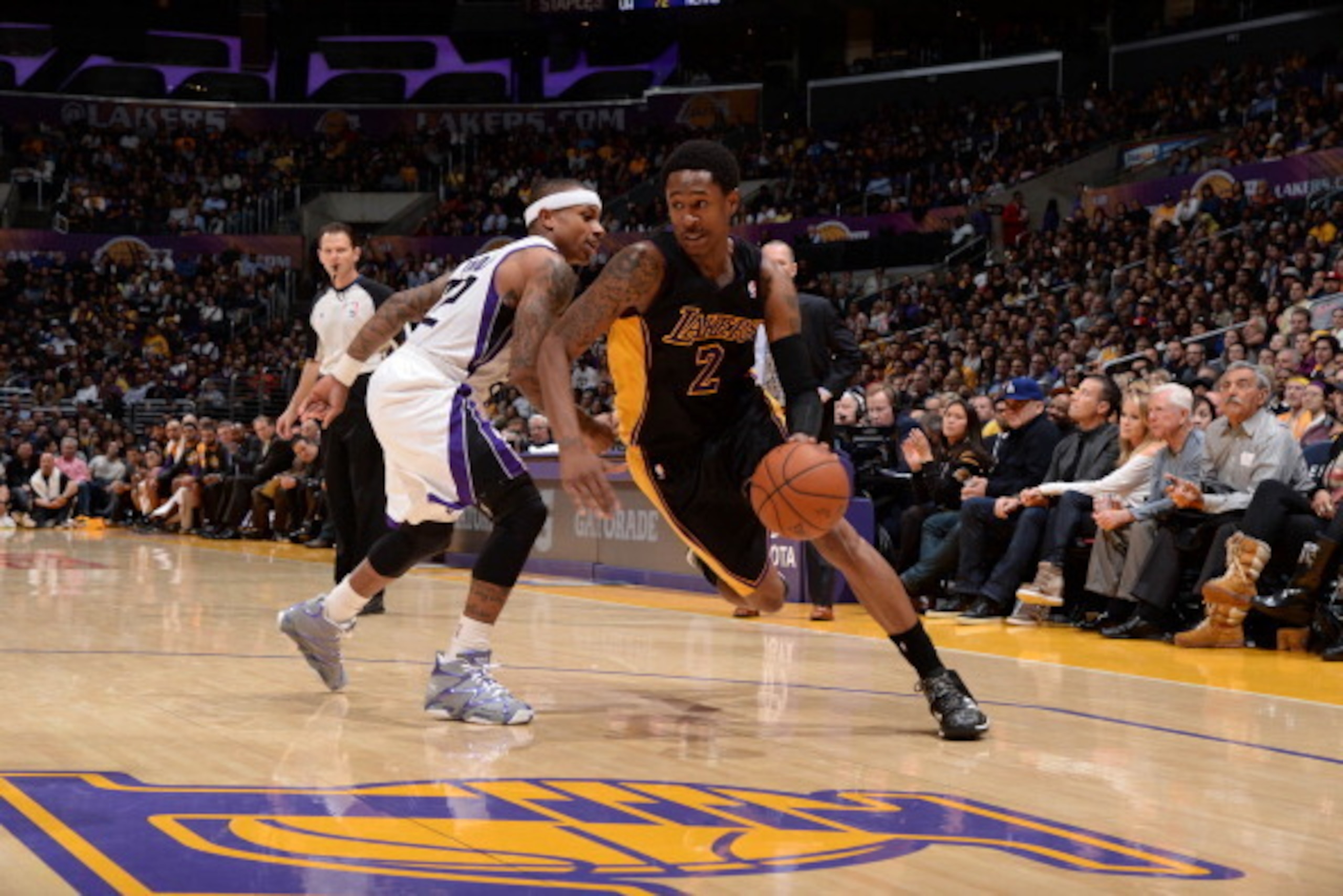 LOS ANGELES, CA - FEBRUARY 28: Marshon Brooks #2 of the Los Angeles Lakers handles the ball against the Sacramento Kings at Staples Center on February 28, 2014 in Los Angeles, California. NOTE TO USER: User expressly acknowledges and agrees that, by downl
