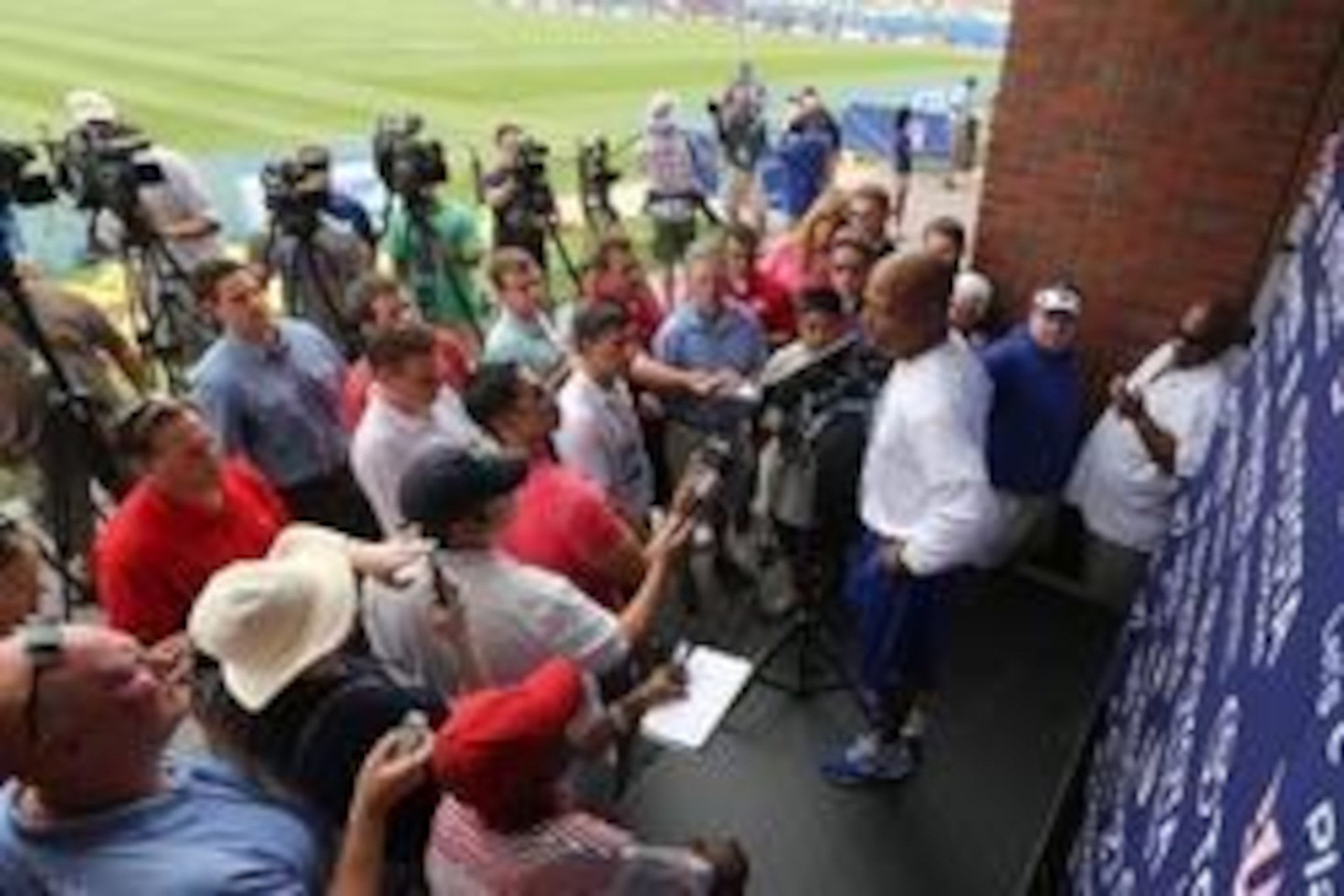 Jul 27, 2013; East Rutherford, NJ, USA; New York Giants general manager Jerry Reese talks to the media during training camp at Timex Performance Center. Mandatory Credit: John Munson/The Star-Ledger via USA TODAY Sports