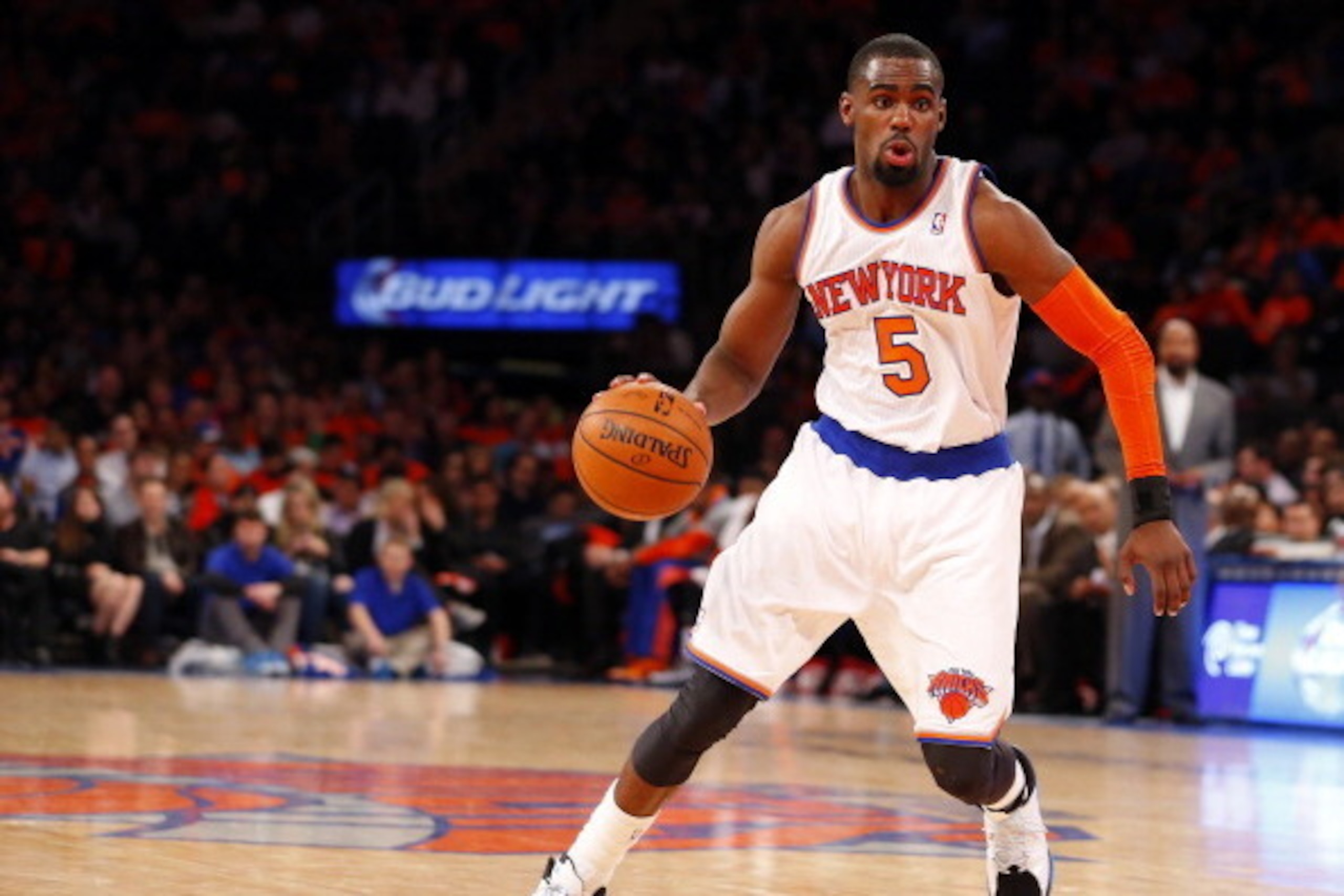 NEW YORK, NY - APRIL 16: Tim Hardaway Jr. #5 of the New York Knicks in action against the Toronto Raptors in the second half during an NBA basketball game at Madison Square Garden on April. 16, 2014 in New York City. The Knicks defeated the Raptors 95-92.