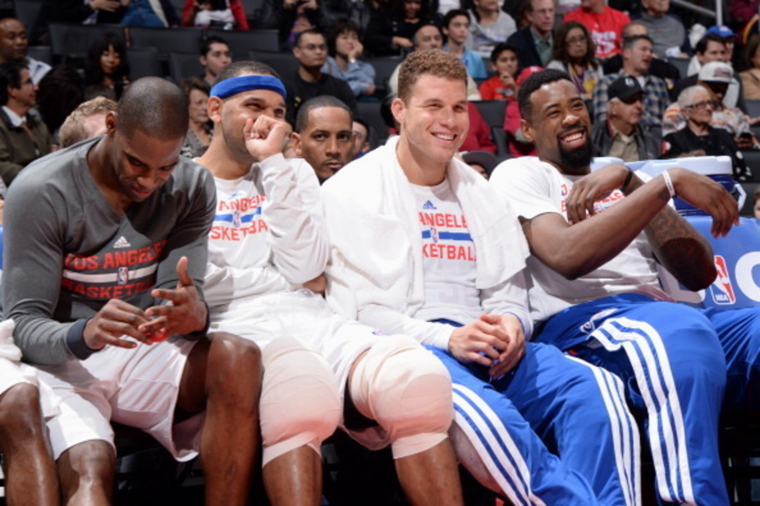 LOS ANGELES, CA - JANUARY 10: Blake Griffin #32 Jared Dudley #9 Antawn Jamison #33 and DeAndre Jordan #6 of the Los Angeles Clippers smiling on the bench during a game against the Los Angeles Lakers at STAPLES Center on January 10, 2014 in Los Angeles, Ca