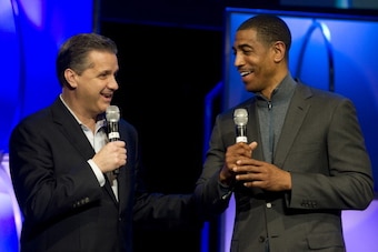 DALLAS, TX - APRIL 06:  Head coach John Calipari of the University of Kentucky and head coach Kevin Ollie of the University of Connecticut speak during the AT&T NABC Guardians of the Game Awards Show at the Music Hall at Fair Park on April 6, 2014 in Dall