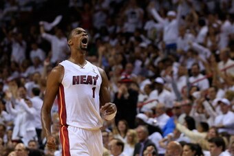 MIAMI, FL - MAY 08:  Chris Bosh #1 of the Miami reacts after scoring against the Brooklyn Nets during Game Two of the Eastern Conference Semifinals of the 2014 NBA Playoffs at American Airlines Arena on May 8, 2014 in Miami, Florida. NOTE TO USER: User ex
